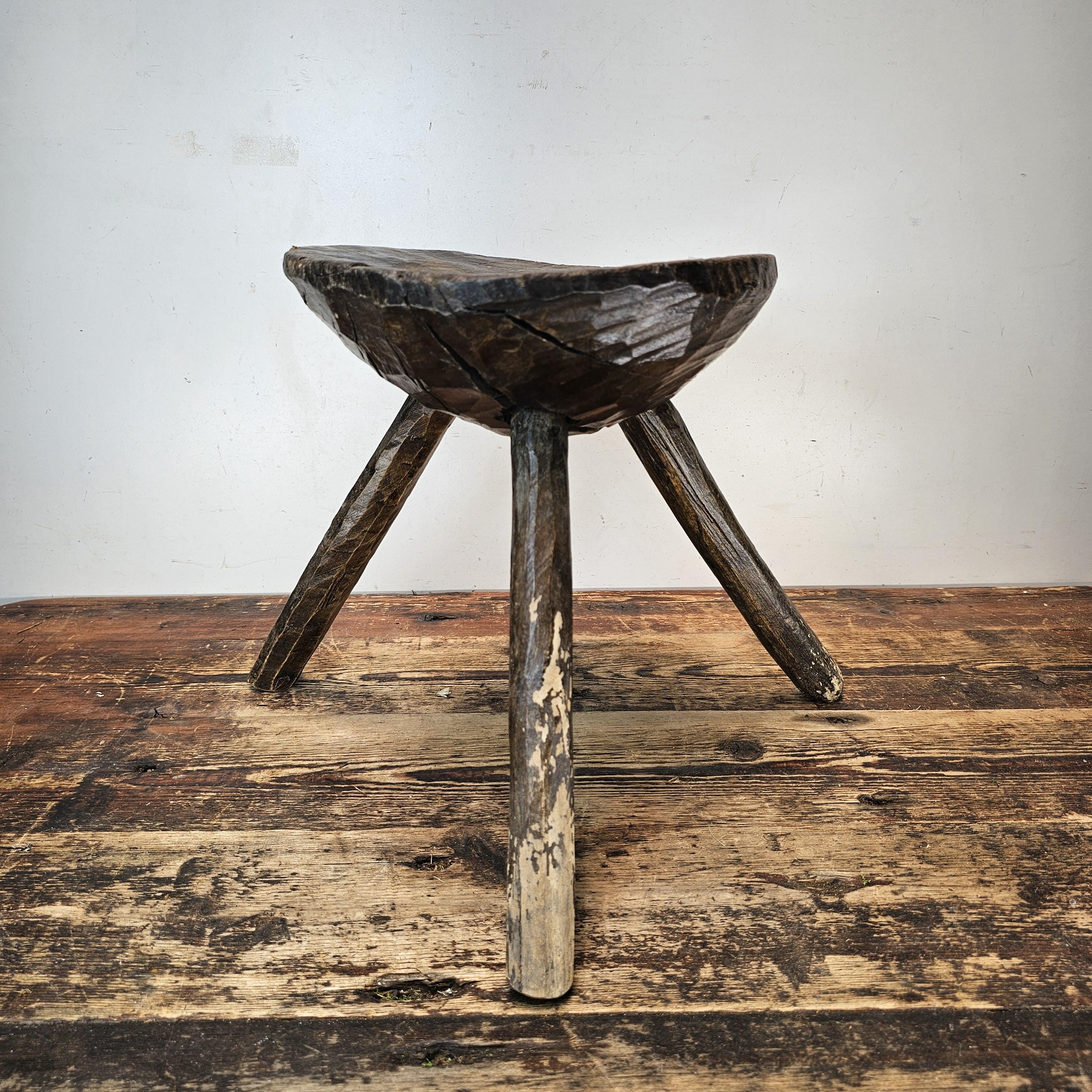 Authentic 18th-19th Century European Primitive Milking Stool / Wabi Sabi 12.75"H