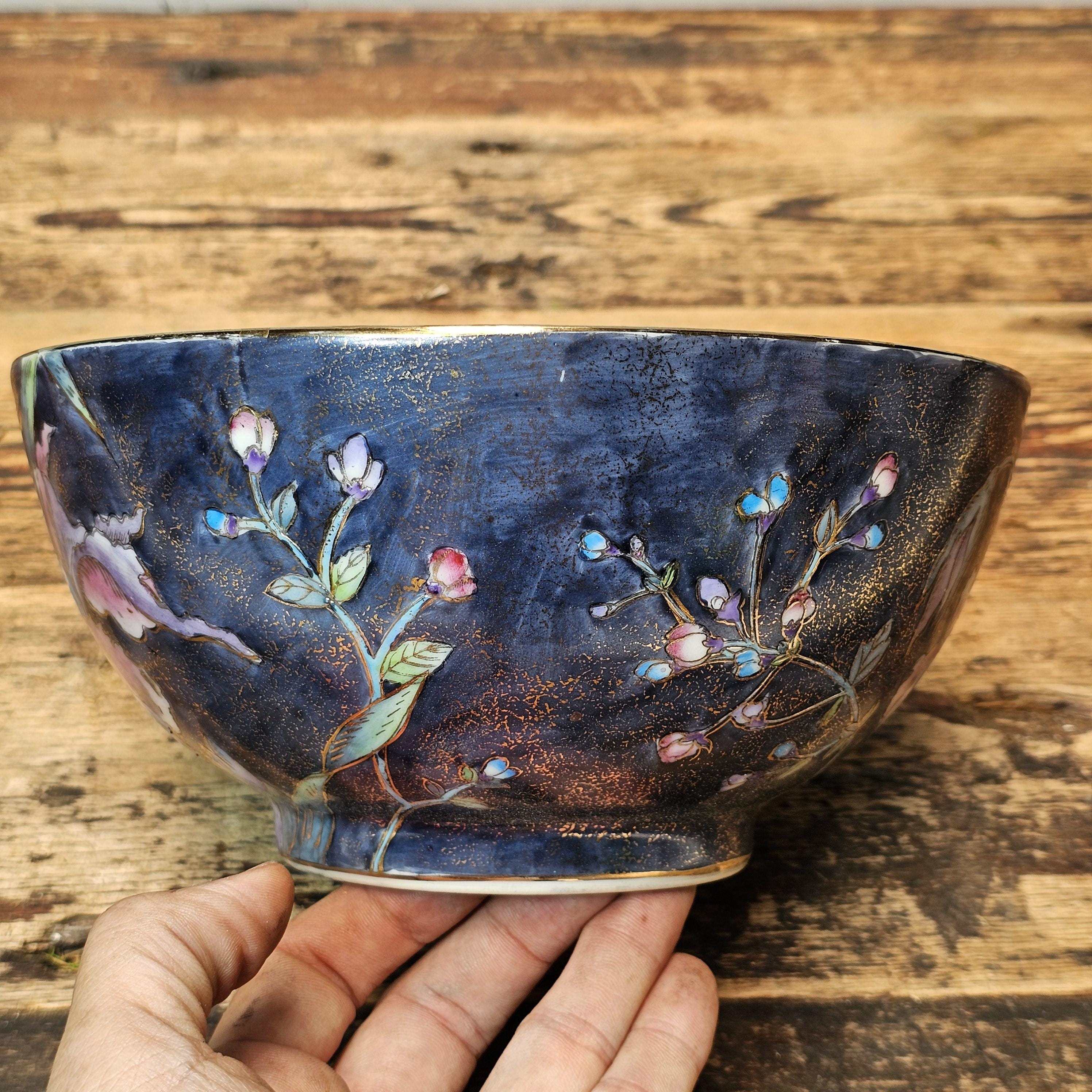 Vintage Chinese Export Ware Porcelain Bowl with Hand-Painted Iris & Gold Leaf