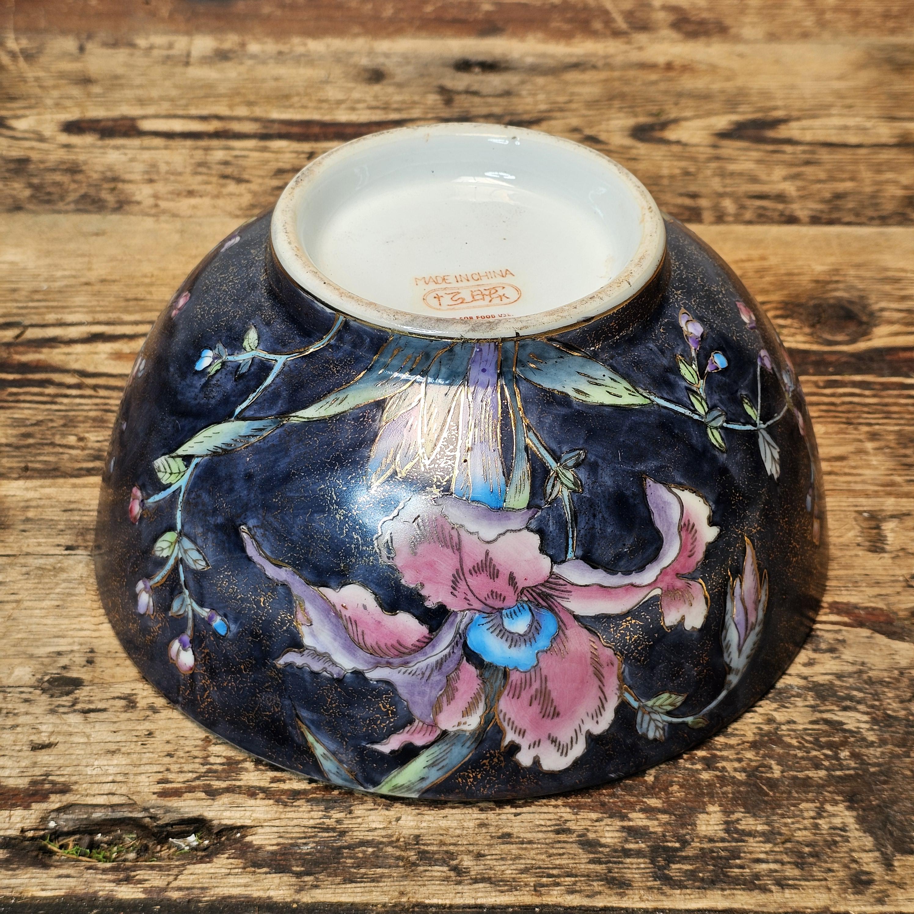 Vintage Chinese Export Ware Porcelain Bowl with Hand-Painted Iris & Gold Leaf