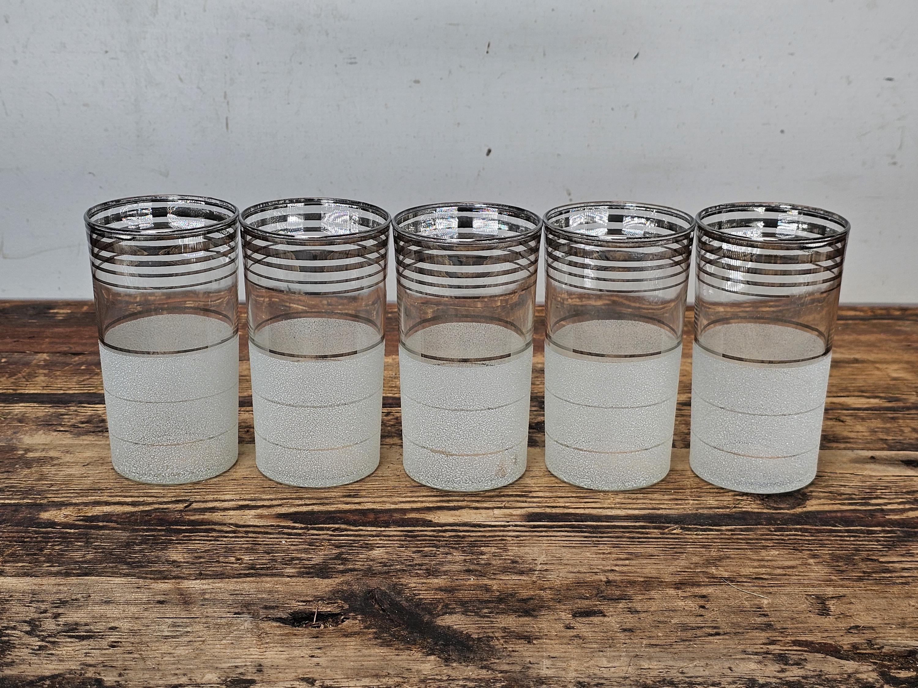 Set of 5 Vintage Mid-Century Modern Frosted & Silver Band Tumbler Glasses