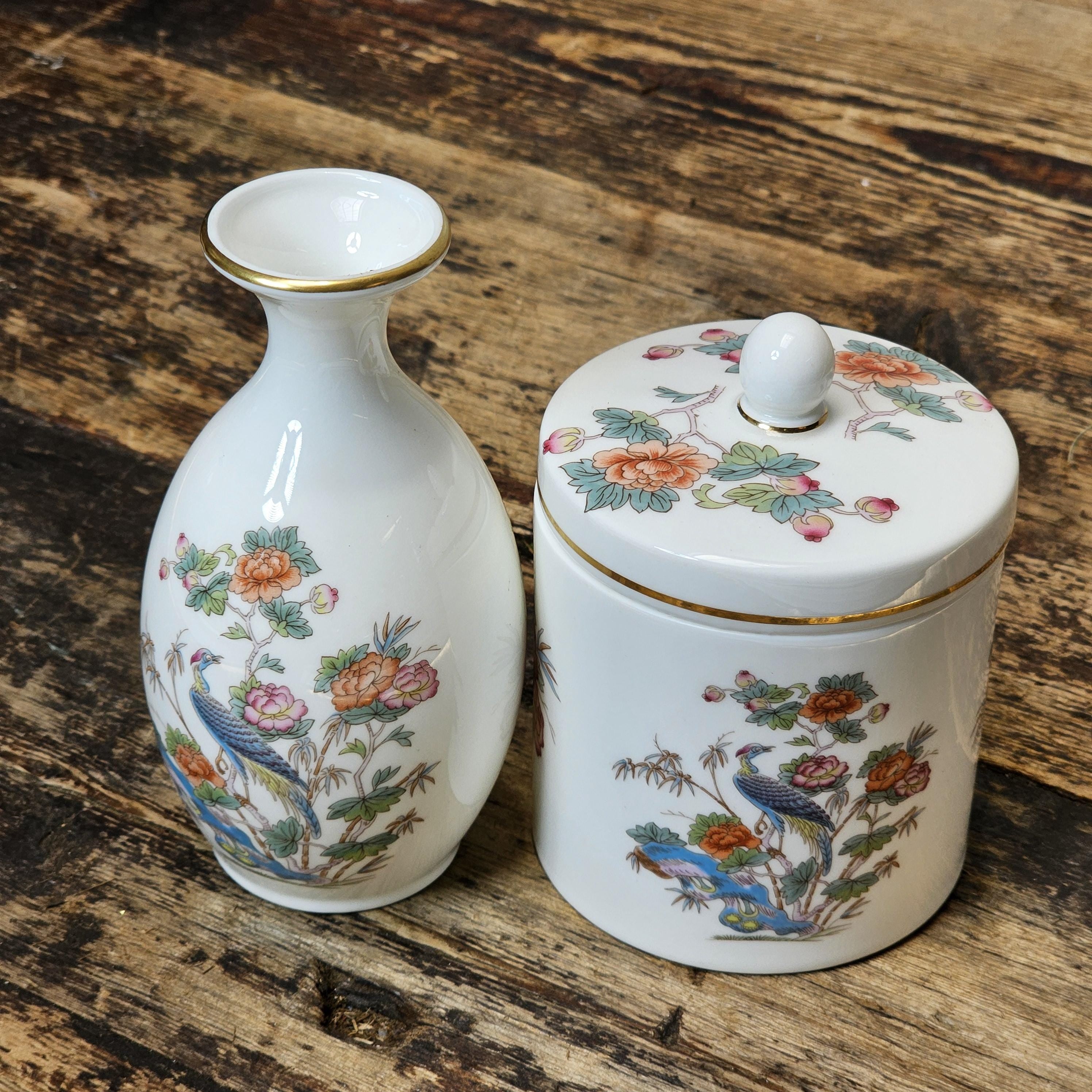 Vintage Wedgwood "Kutani Crane" Bone China Bud Vase & Lidded Jar Set