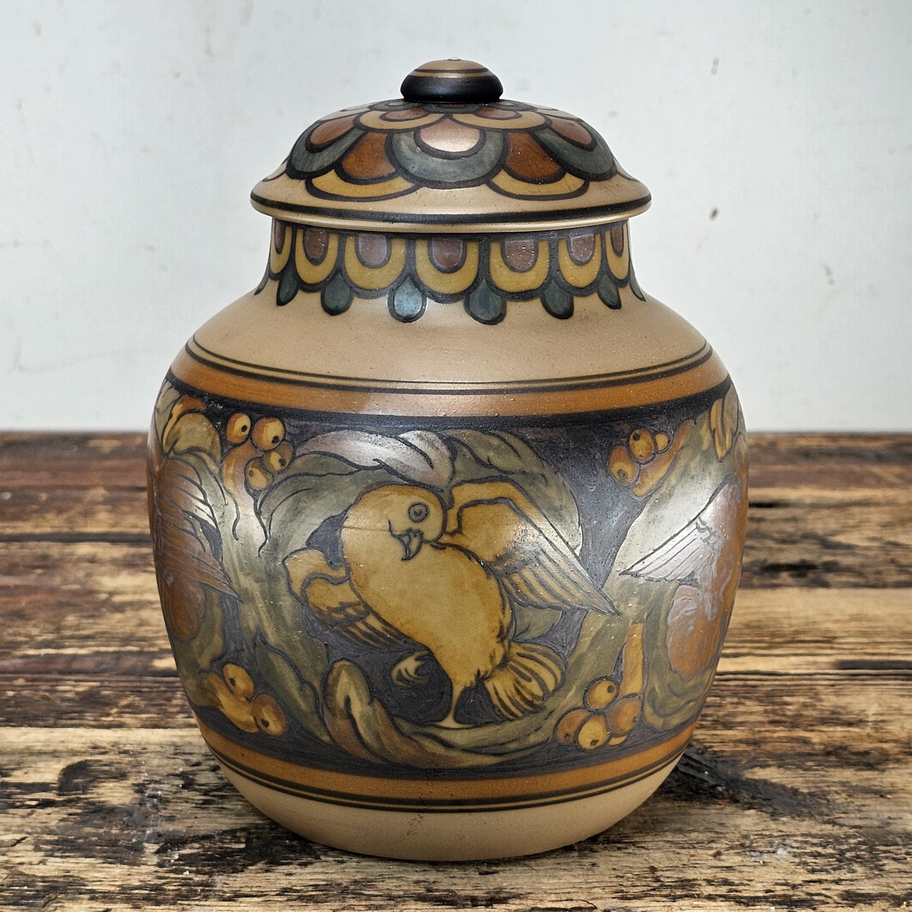 L. Hjorth Danish Art Deco Lidded Jar with Bird Motif, c. 1930s