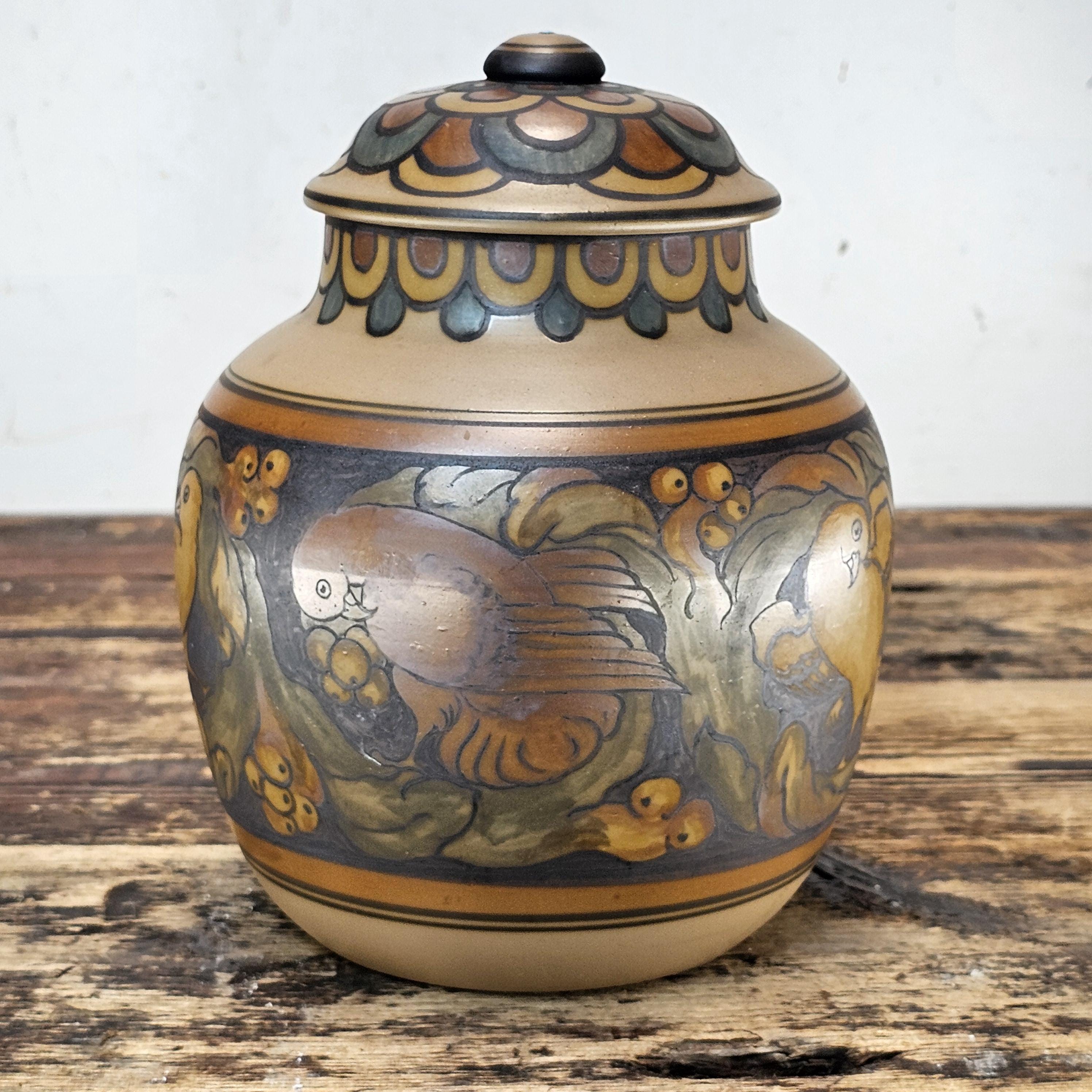 L. Hjorth Danish Art Deco Lidded Jar with Bird Motif, c. 1930s