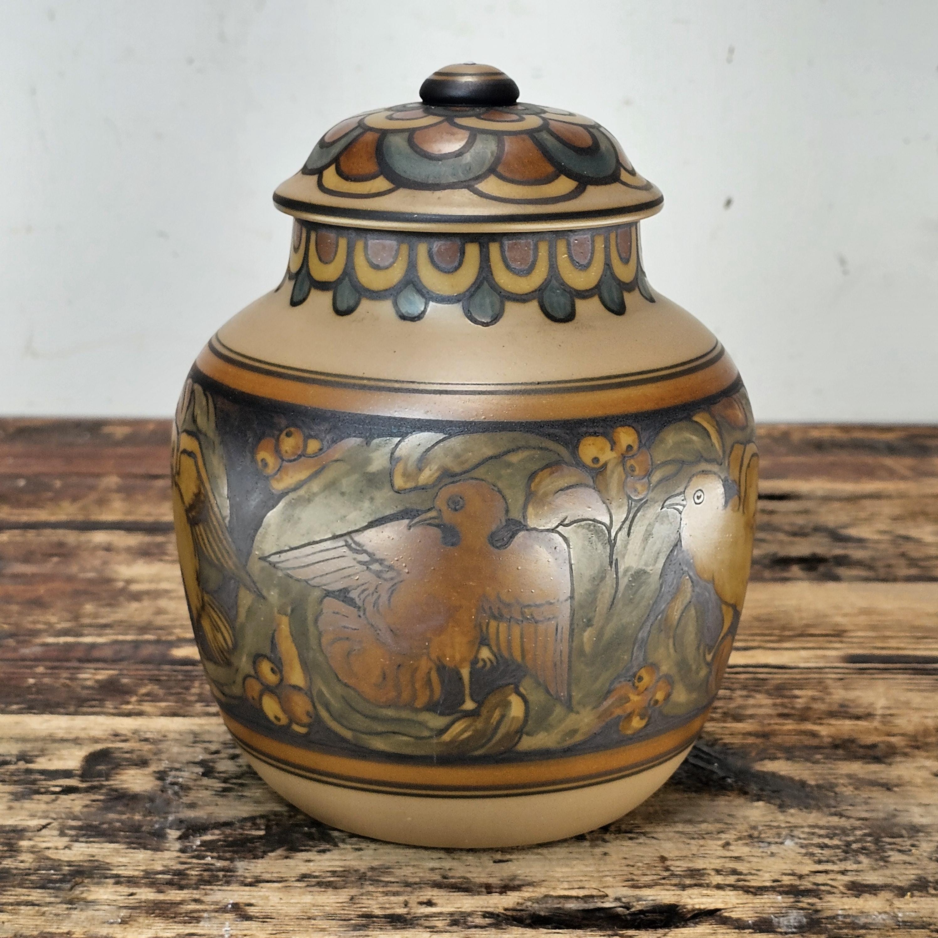 L. Hjorth Danish Art Deco Lidded Jar with Bird Motif, c. 1930s
