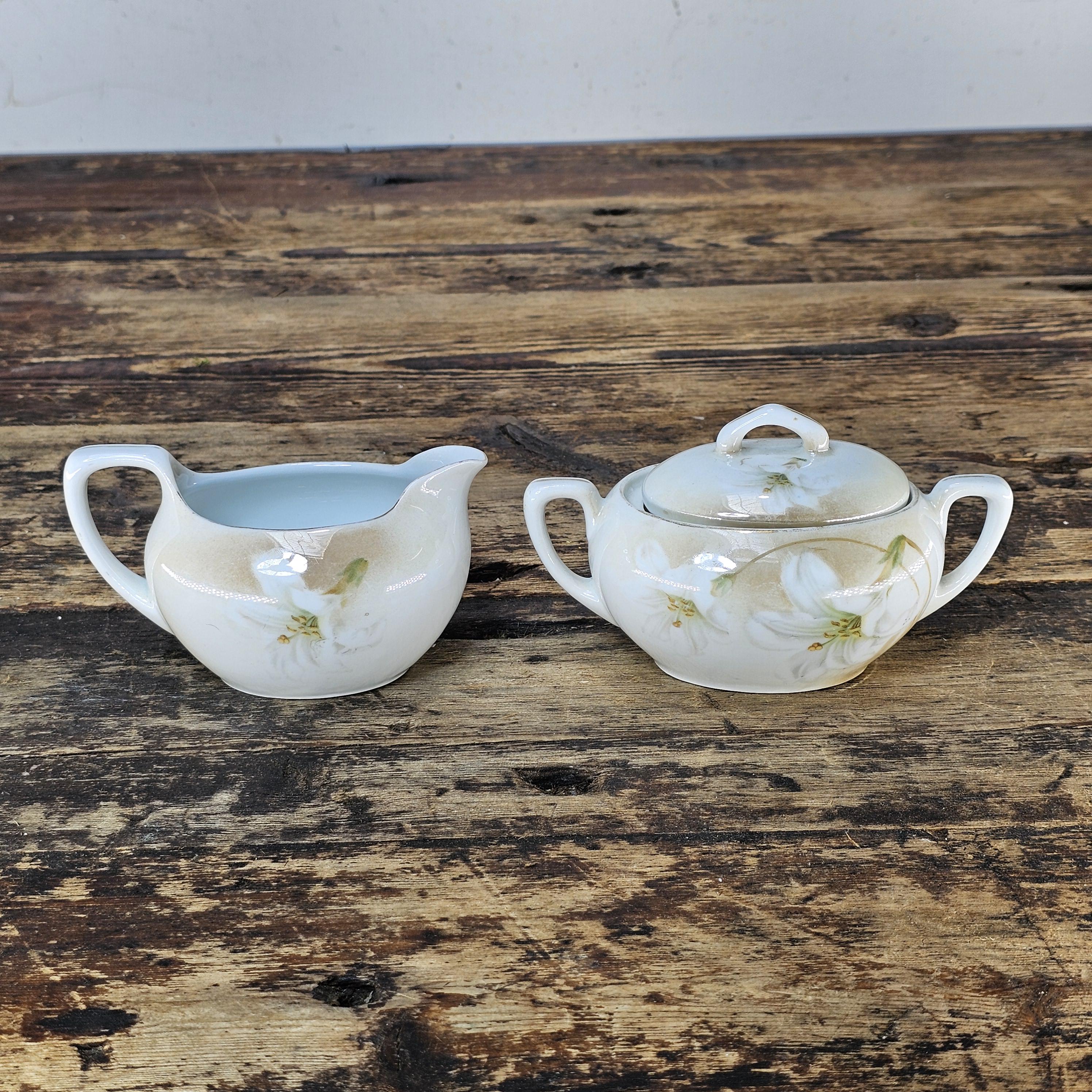 Antique RS Germany Creamer & Sugar Bowl Set - White Lilies, c. 1910s-20s