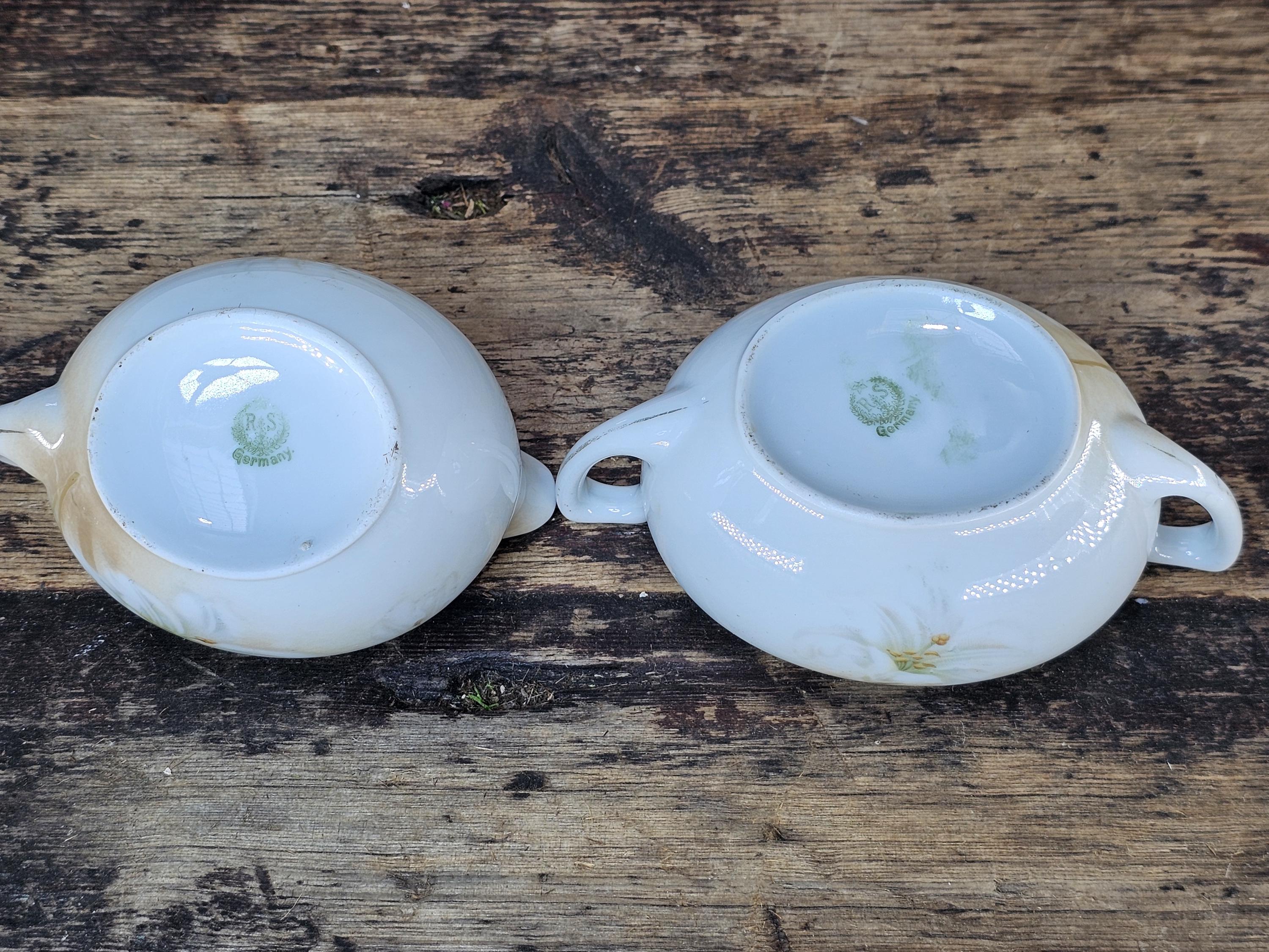 Antique RS Germany Creamer & Sugar Bowl Set - White Lilies, c. 1910s-20s