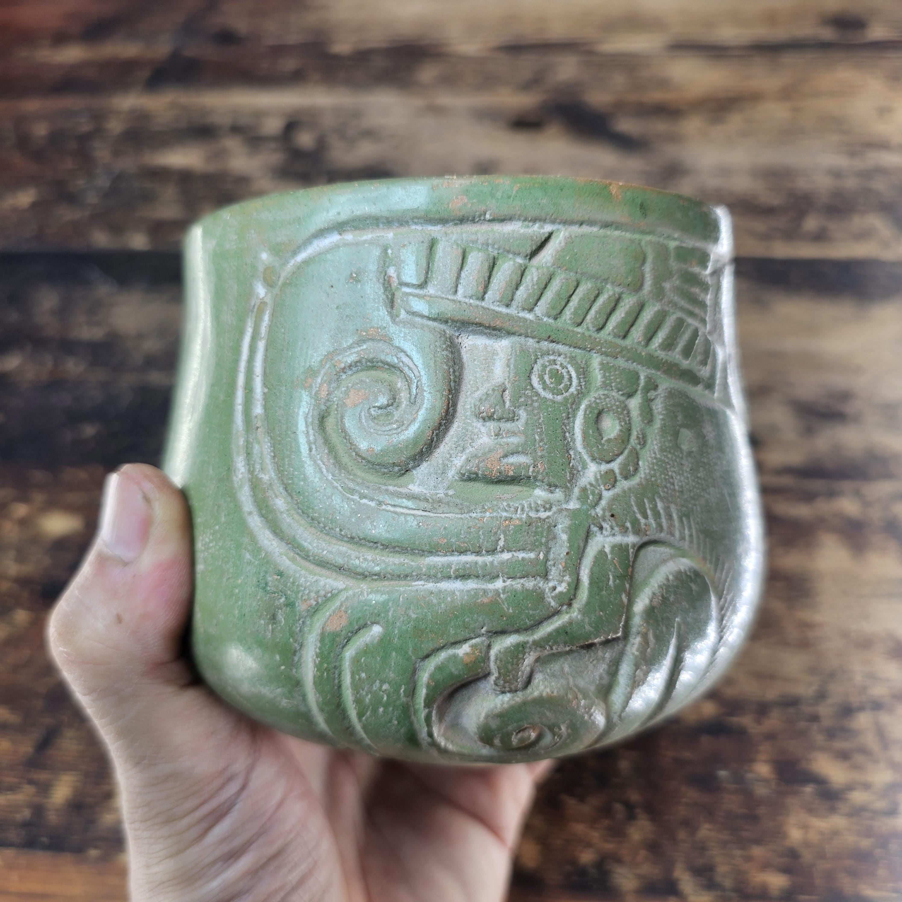 Mayan-Style Carved Jade-Green Vase (Modern Reproduction)