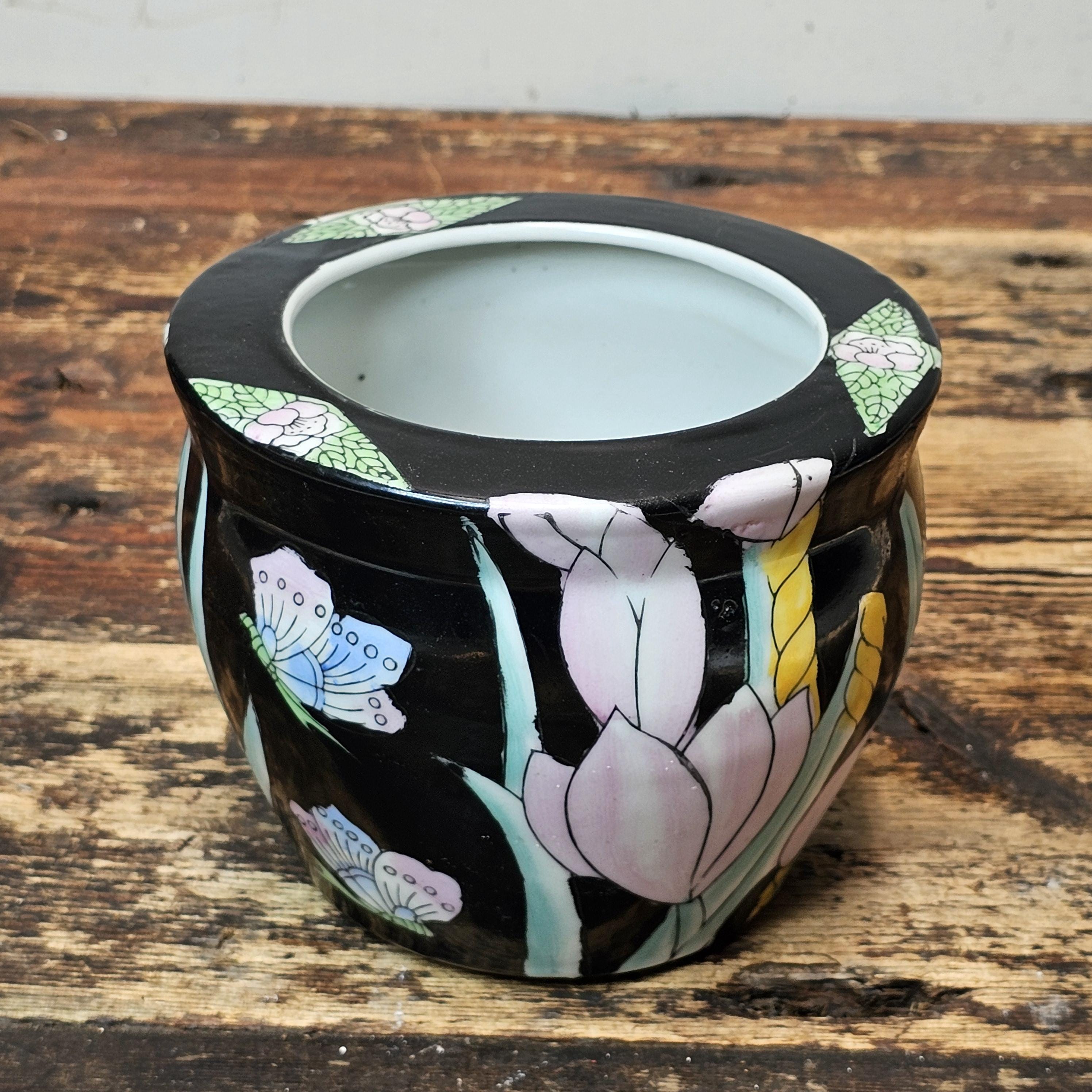 Vintage Ceramic Planter | Pastel Floral & Butterfly Motif 6" Dia. x 5" H