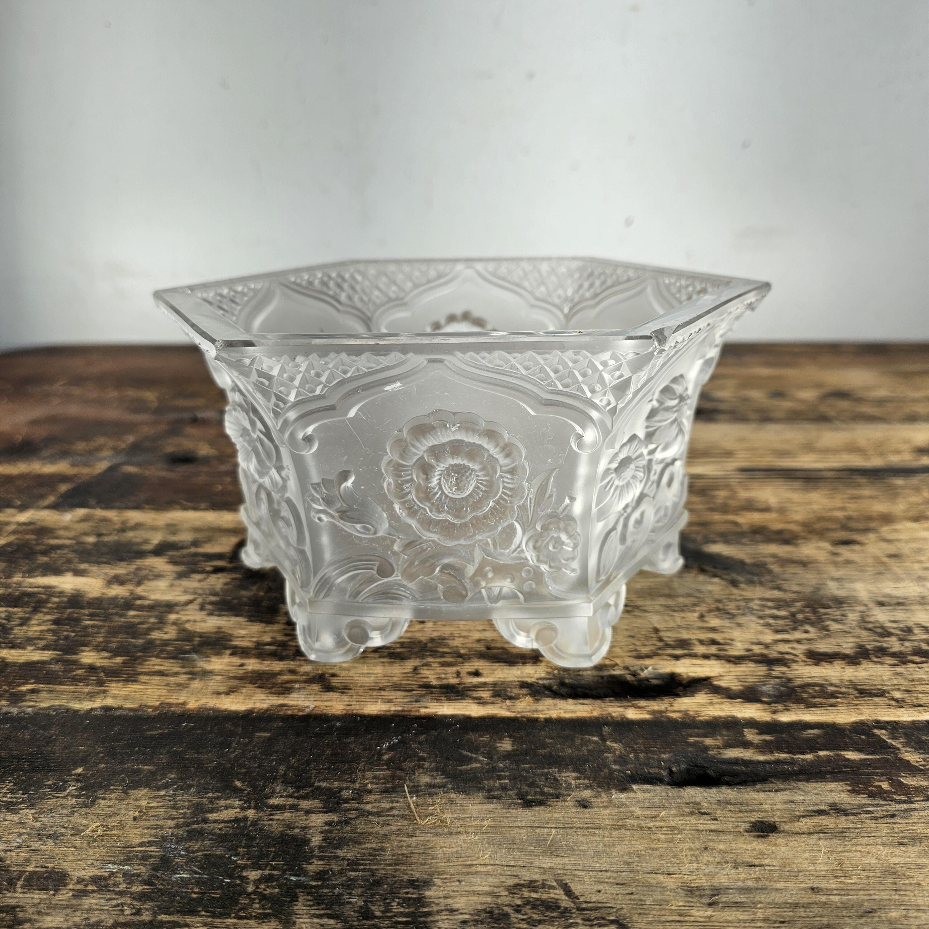 Vintage Verlys America Art Deco Hexagonal Glass Planter / Flower Bowl