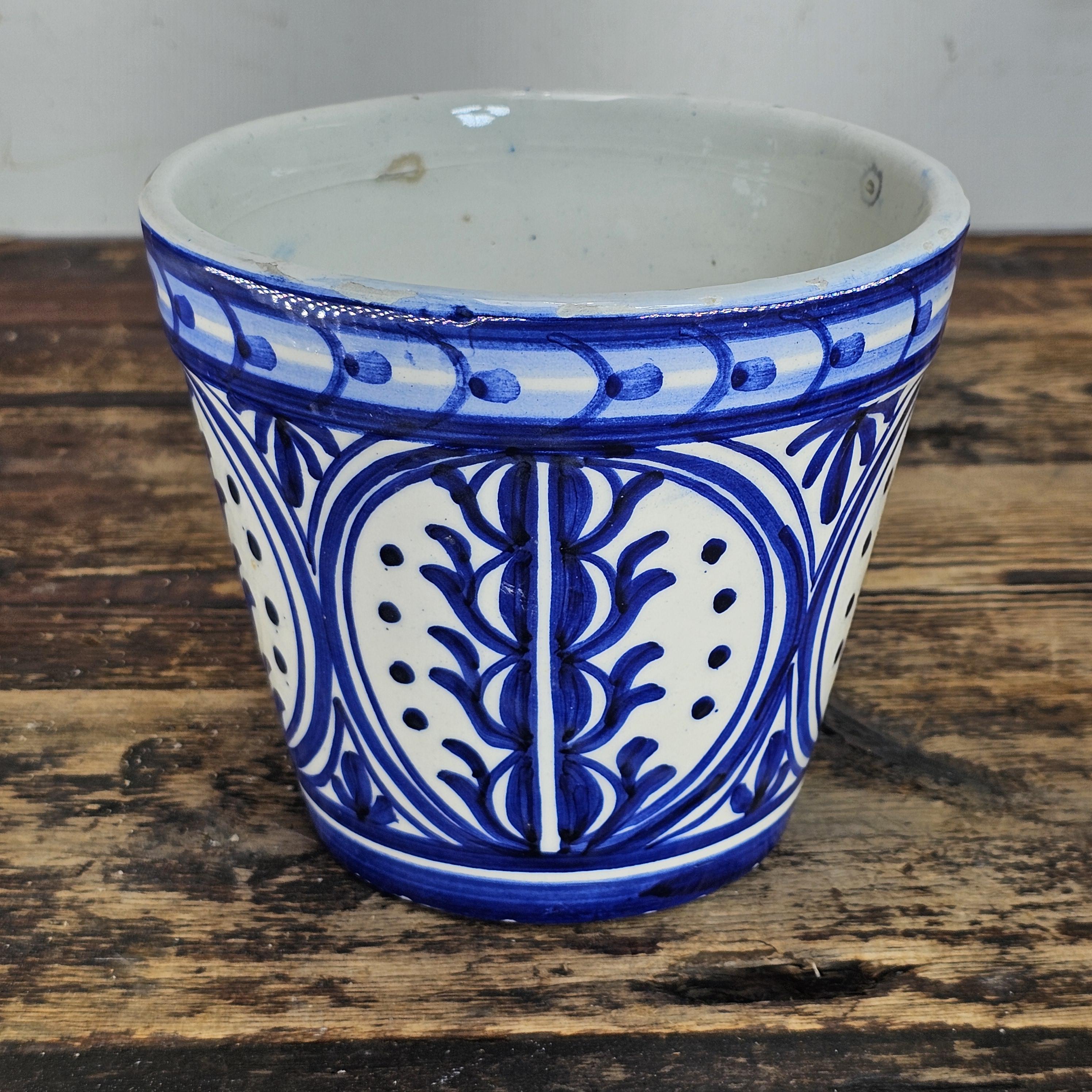Vintage Spanish Talavera Pottery Planter | Blue & White Hand-Painted