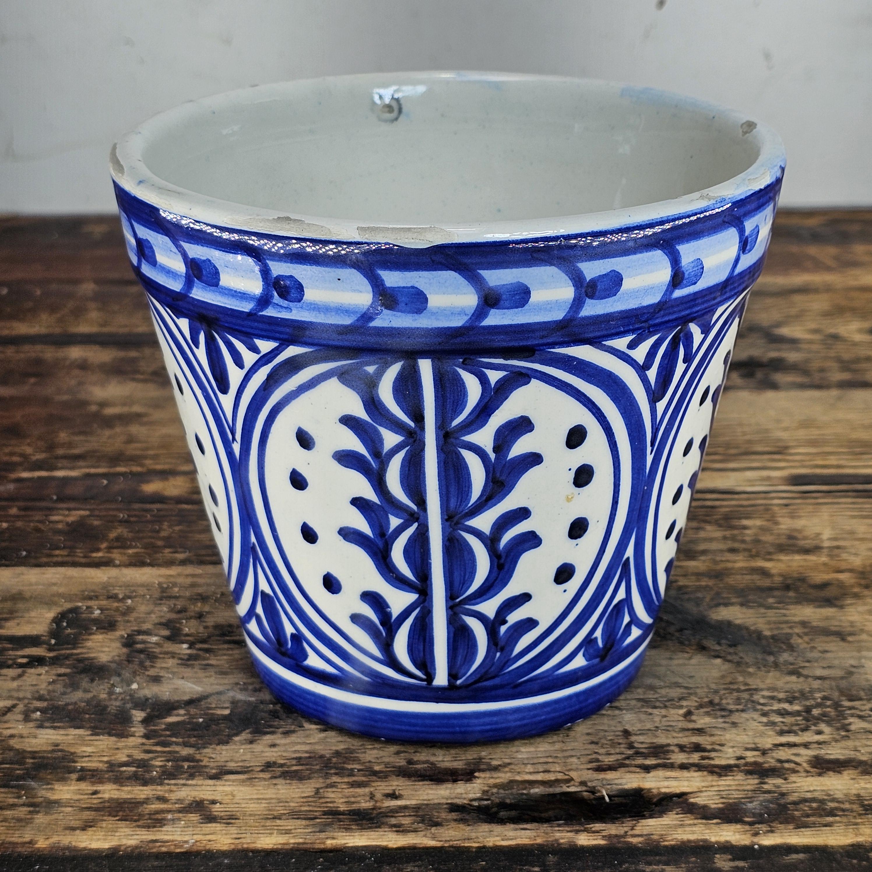 Vintage Spanish Talavera Pottery Planter | Blue & White Hand-Painted