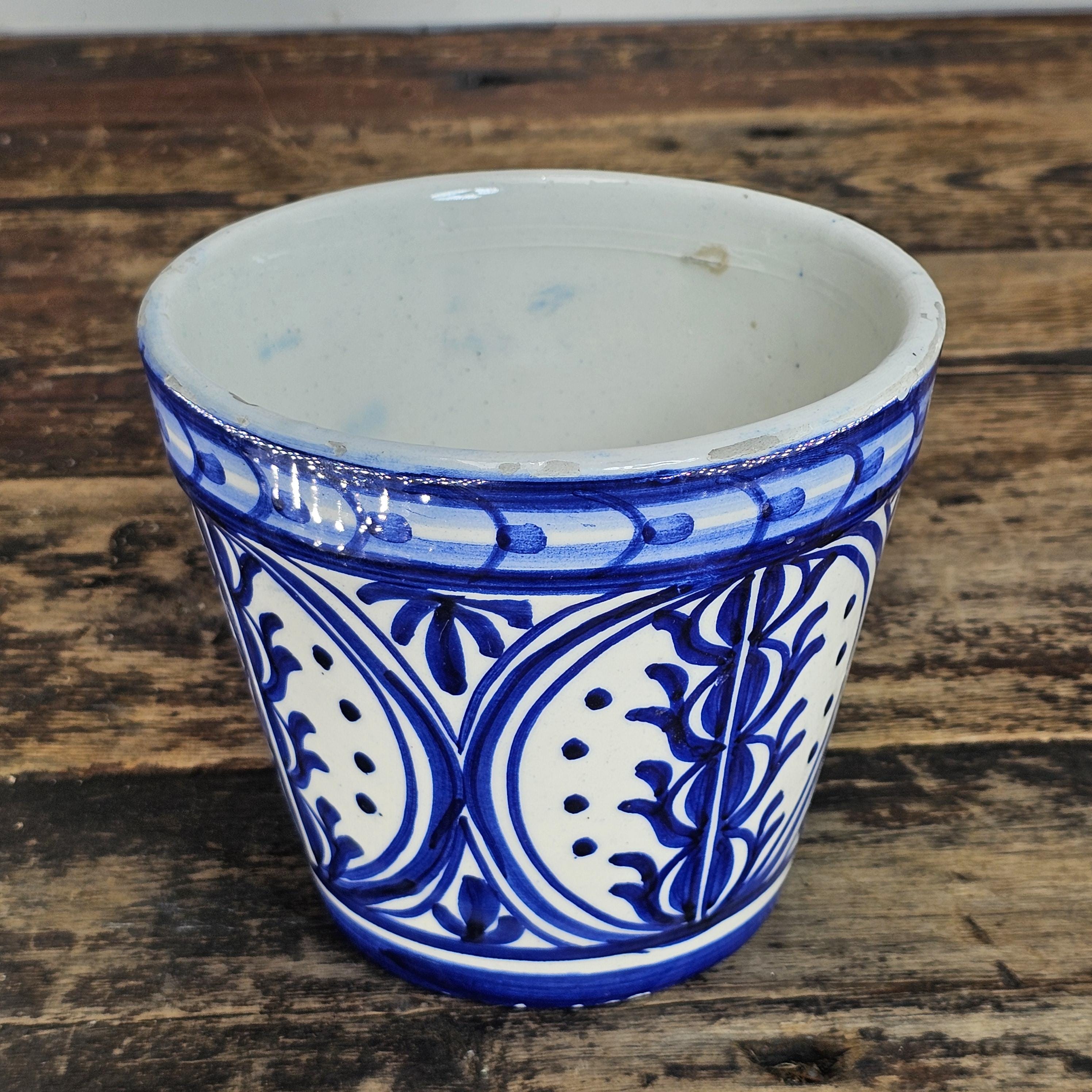 Vintage Spanish Talavera Pottery Planter | Blue & White Hand-Painted