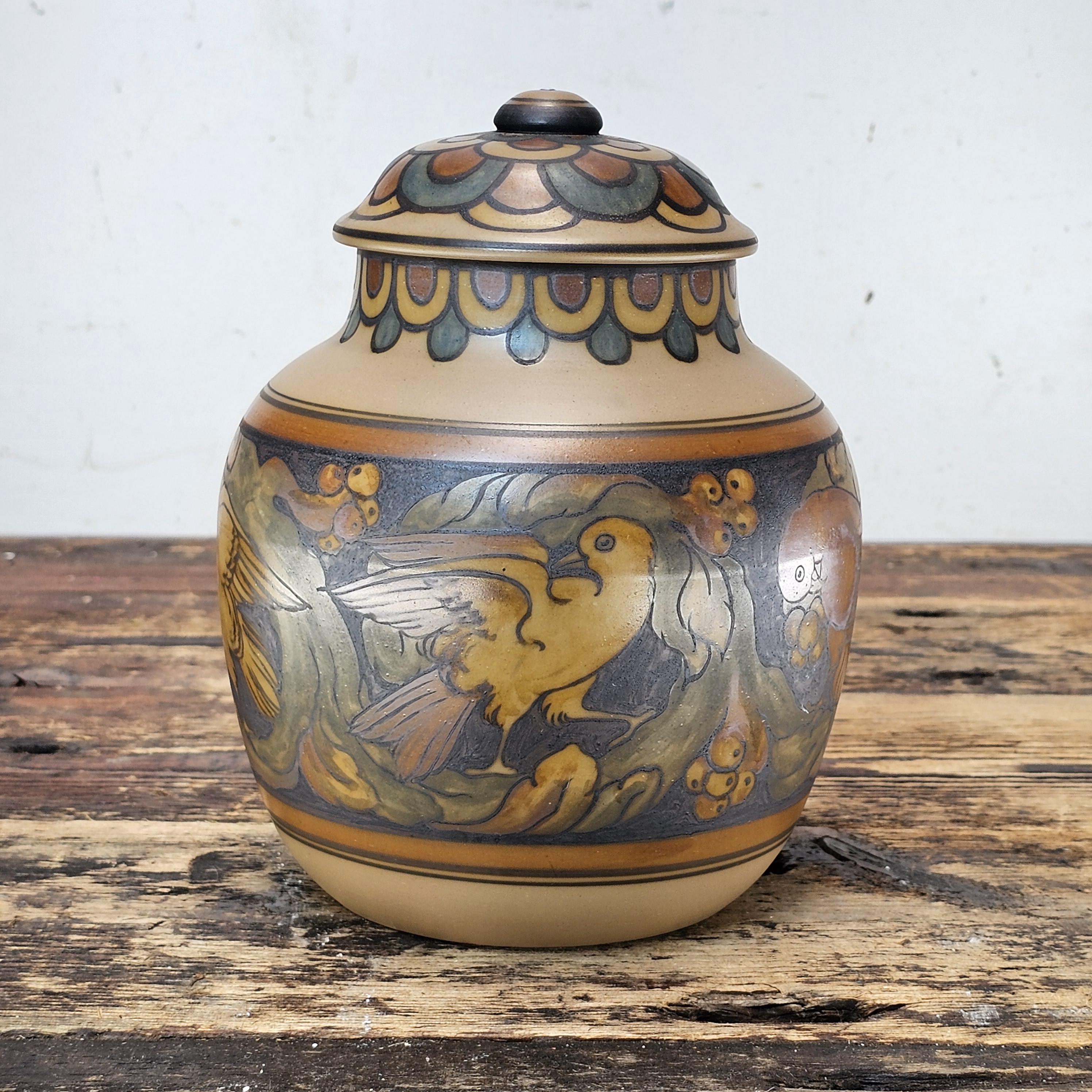 L. Hjorth Danish Art Deco Lidded Jar with Bird Motif, c. 1930s