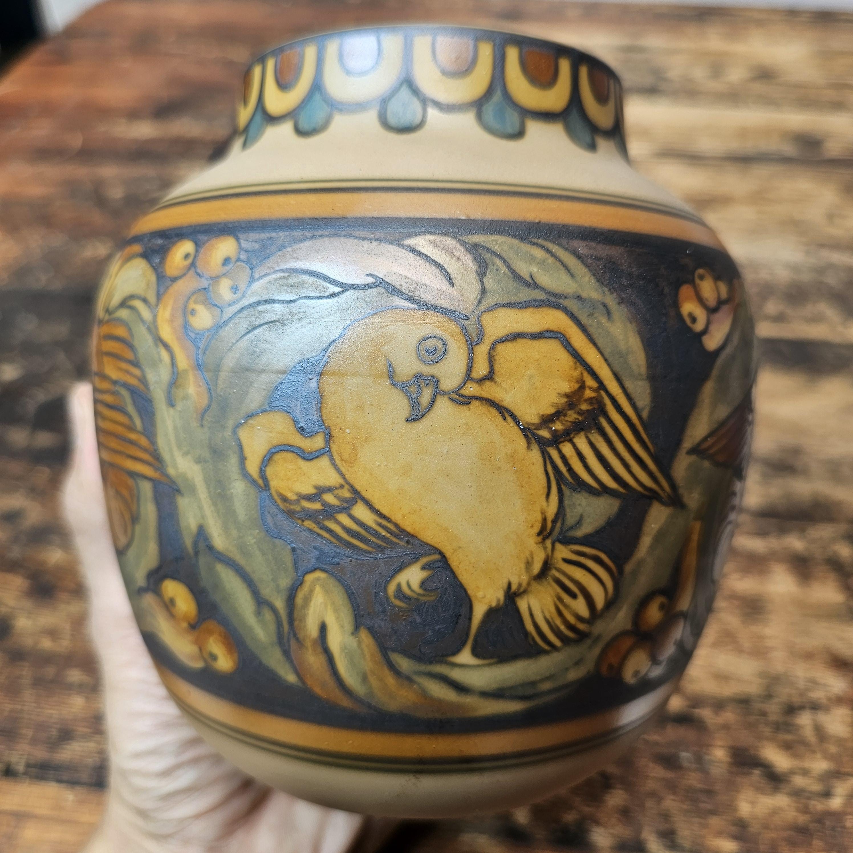 L. Hjorth Danish Art Deco Lidded Jar with Bird Motif, c. 1930s