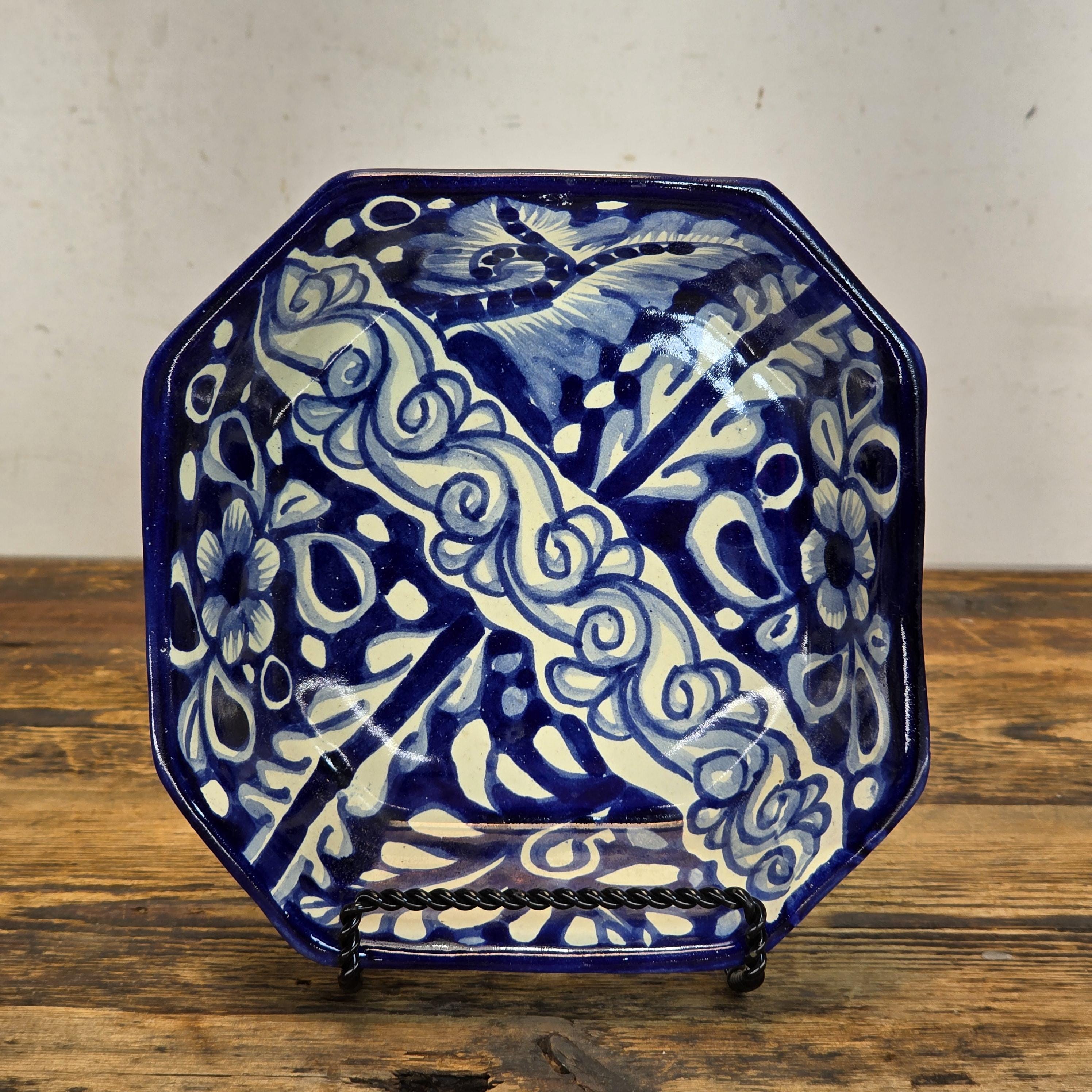 Talavera Pottery Bowl - Blue & White Octagonal Dish Signed R. VENEGAS