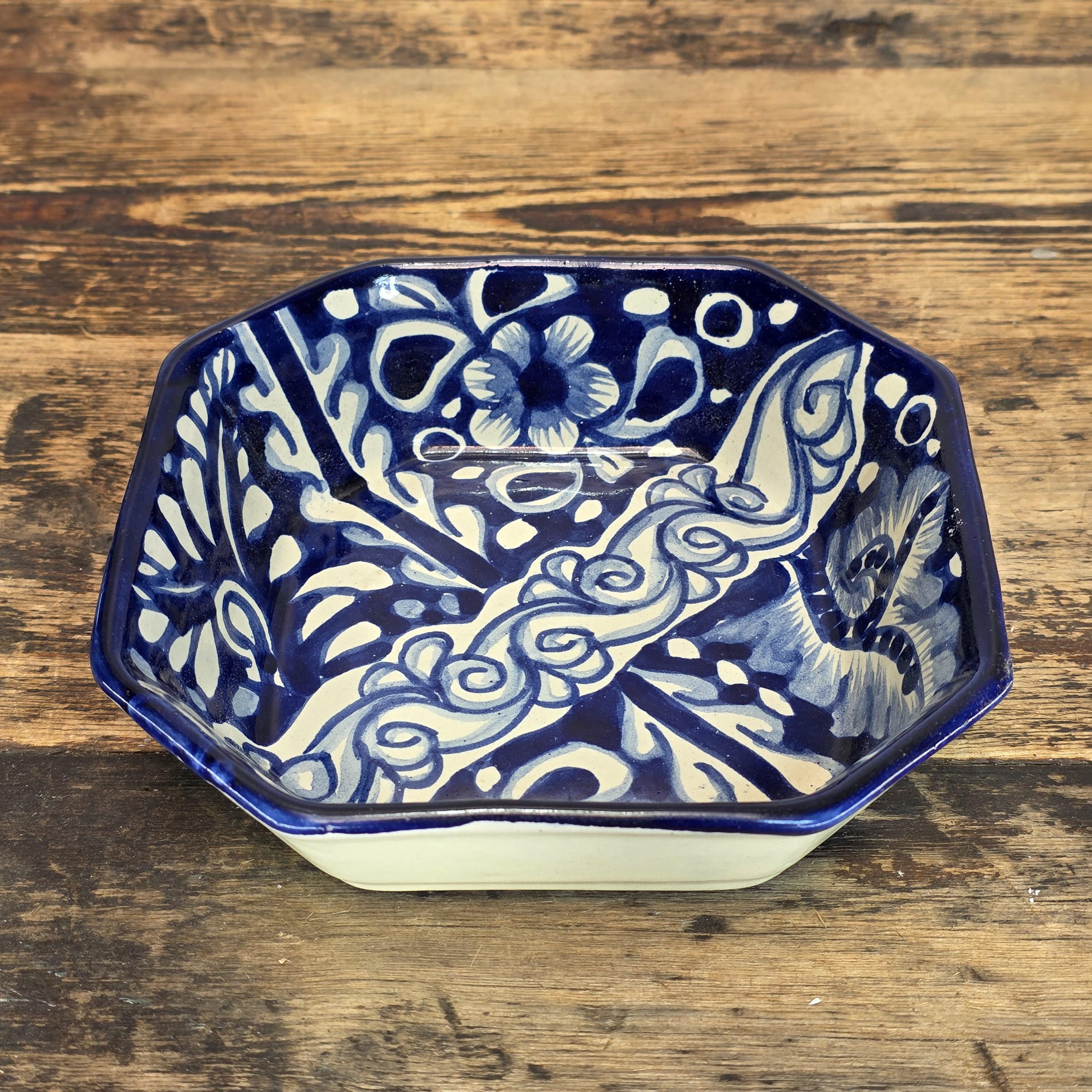 Talavera Pottery Bowl - Blue & White Octagonal Dish Signed R. VENEGAS