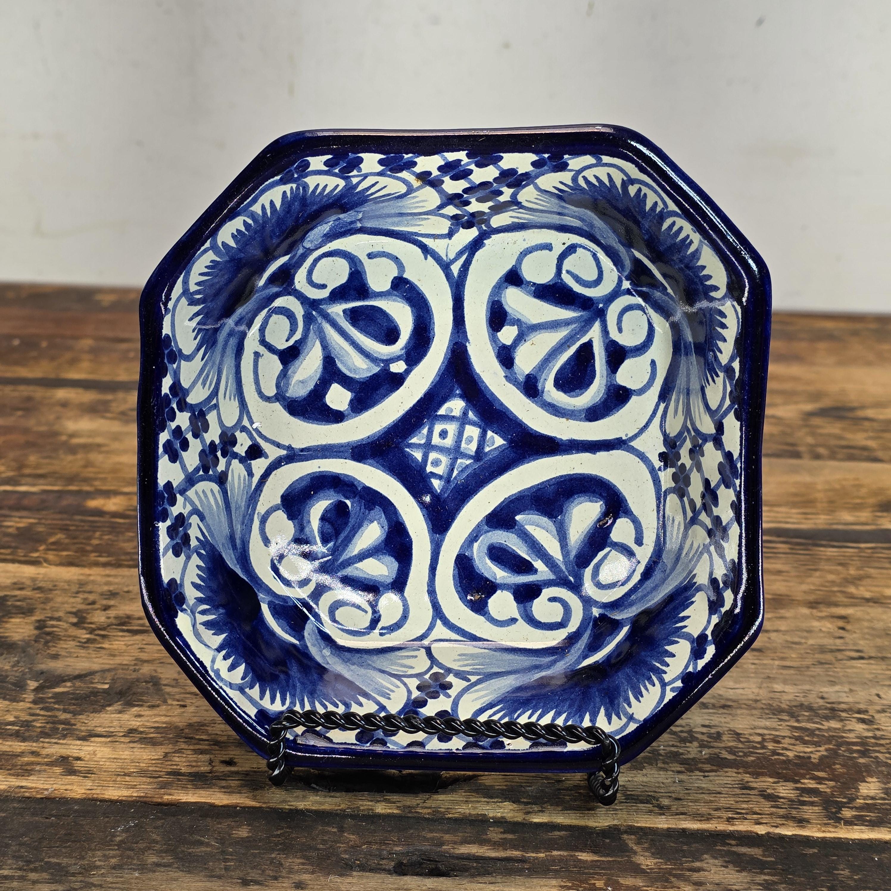 Talavera Pottery Bowl - Blue & White Octagonal Dish Signed R. VENEGAS