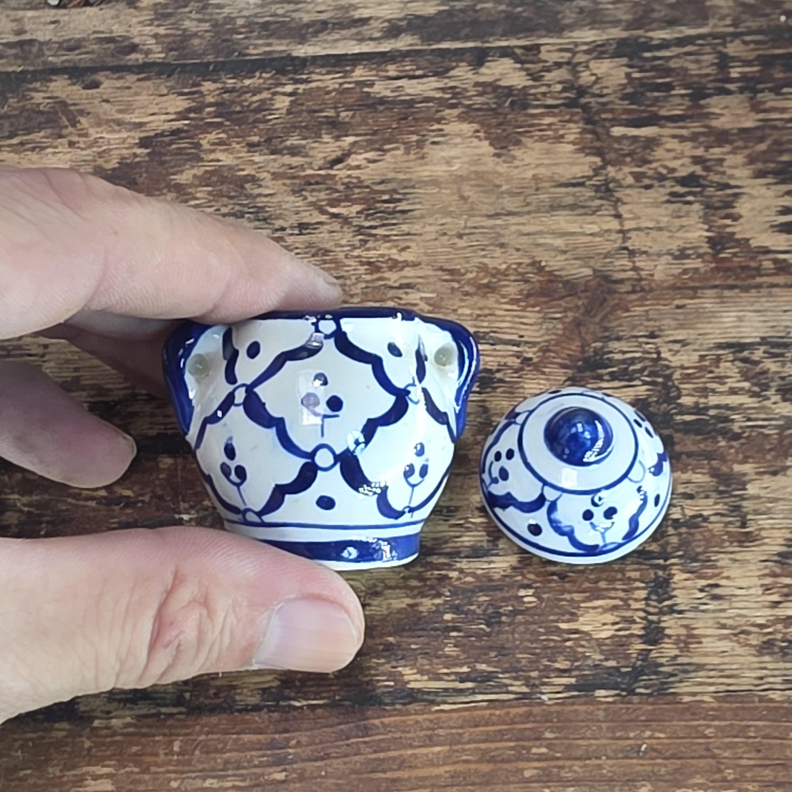 Miniature Blue & White Ceramic Thai-Style Ginger Jar and Toothpick Holder Set