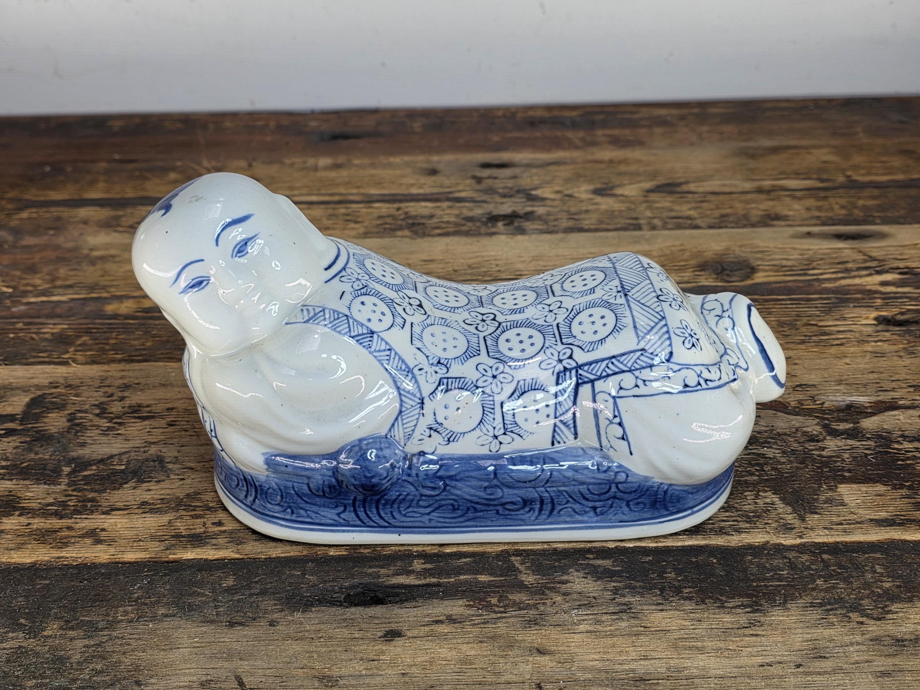 Vintage Pair of Chinese Blue & White Porcelain Pillows - "Lounging Boys"