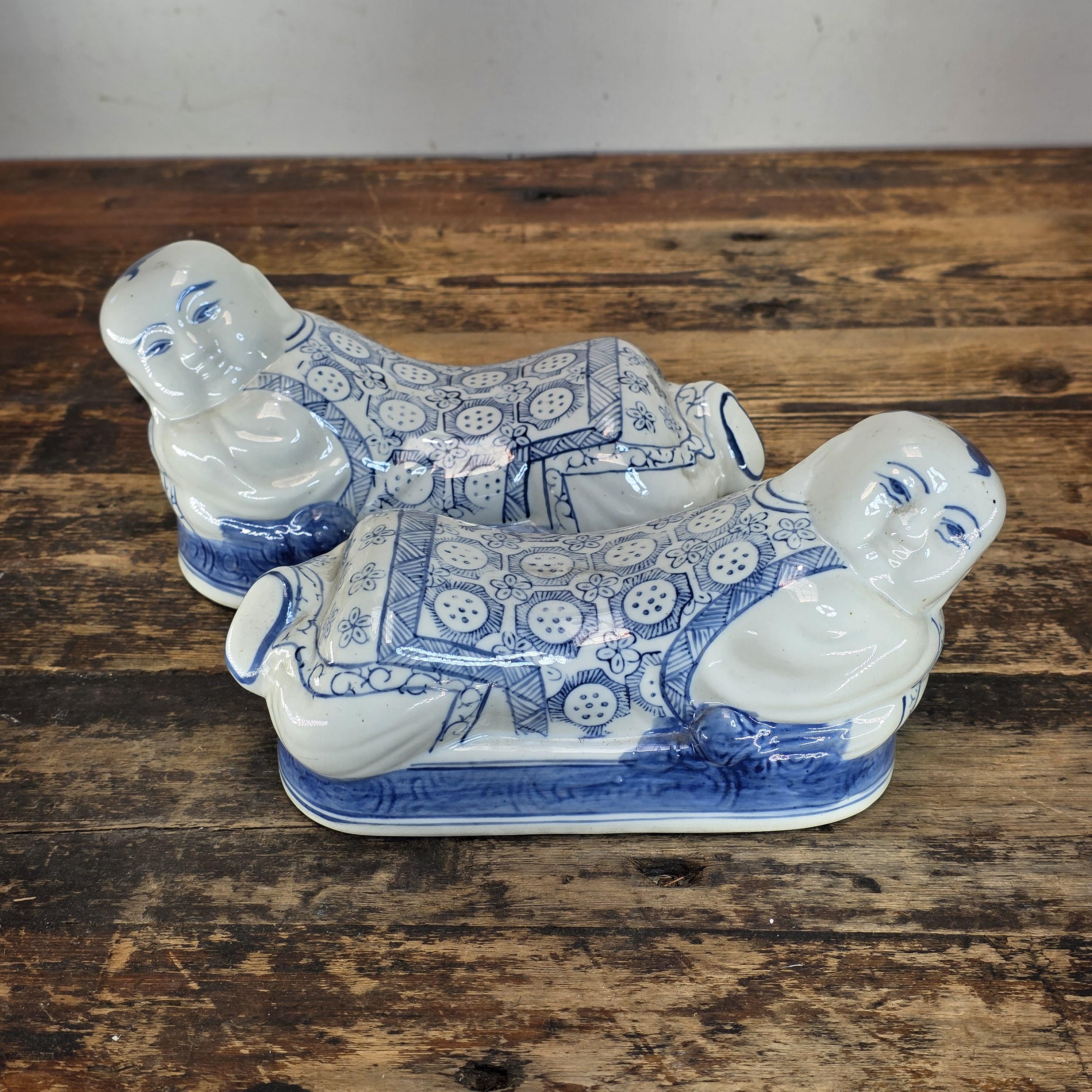 Vintage Pair of Chinese Blue & White Porcelain Pillows - "Lounging Boys"