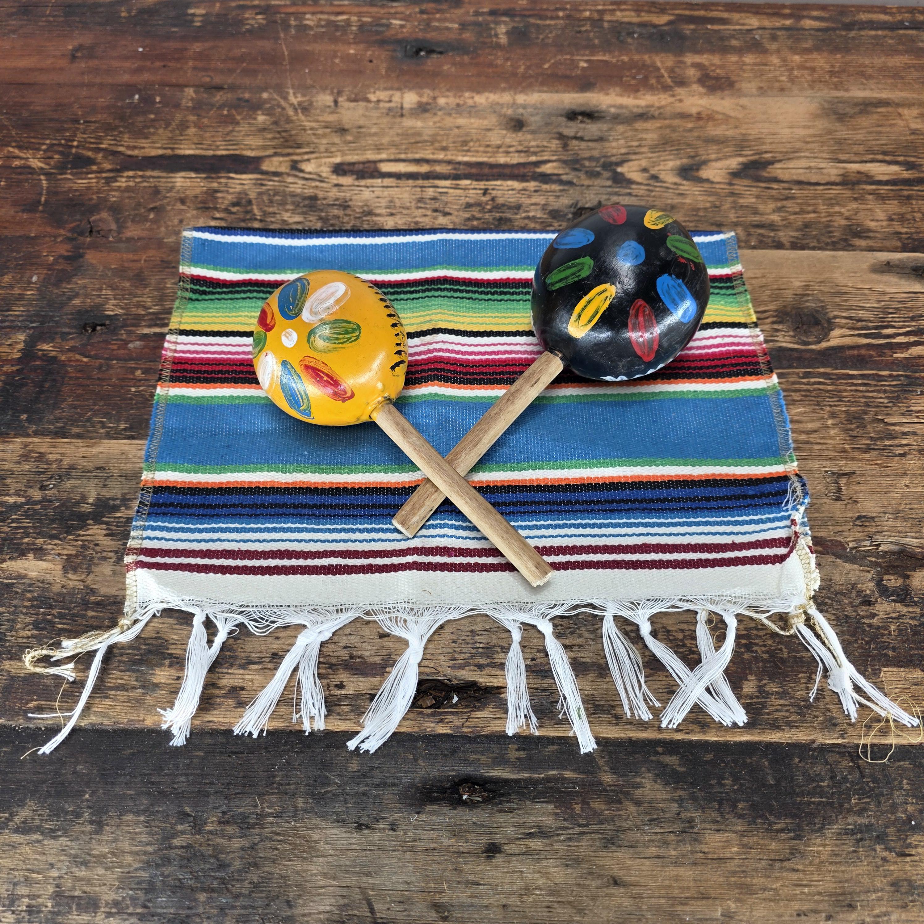Vintage Mexican Folk Art Set - Pair of Maracas & Serape-Style Woven Placemat