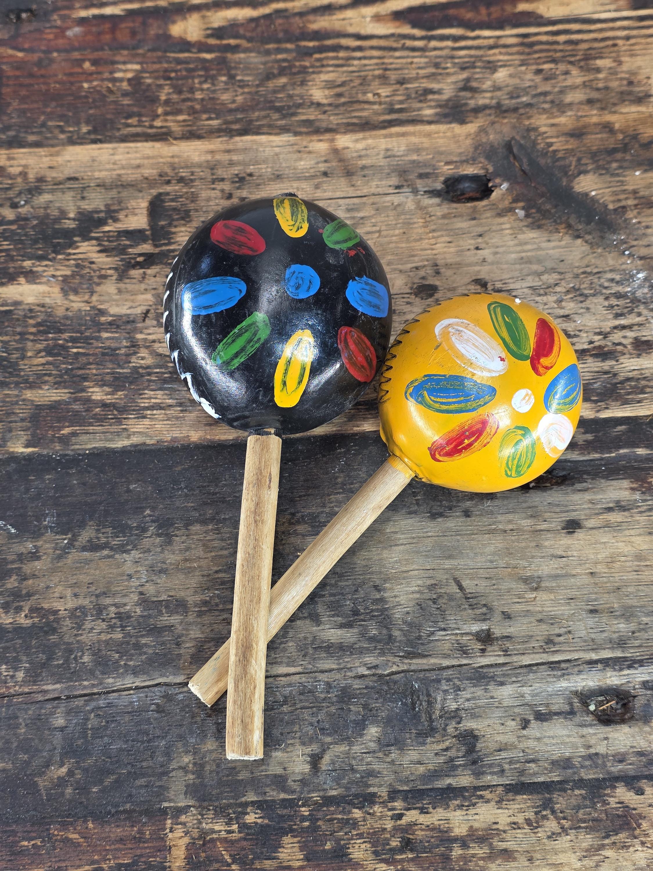 Vintage Mexican Folk Art Set - Pair of Maracas & Serape-Style Woven Placemat
