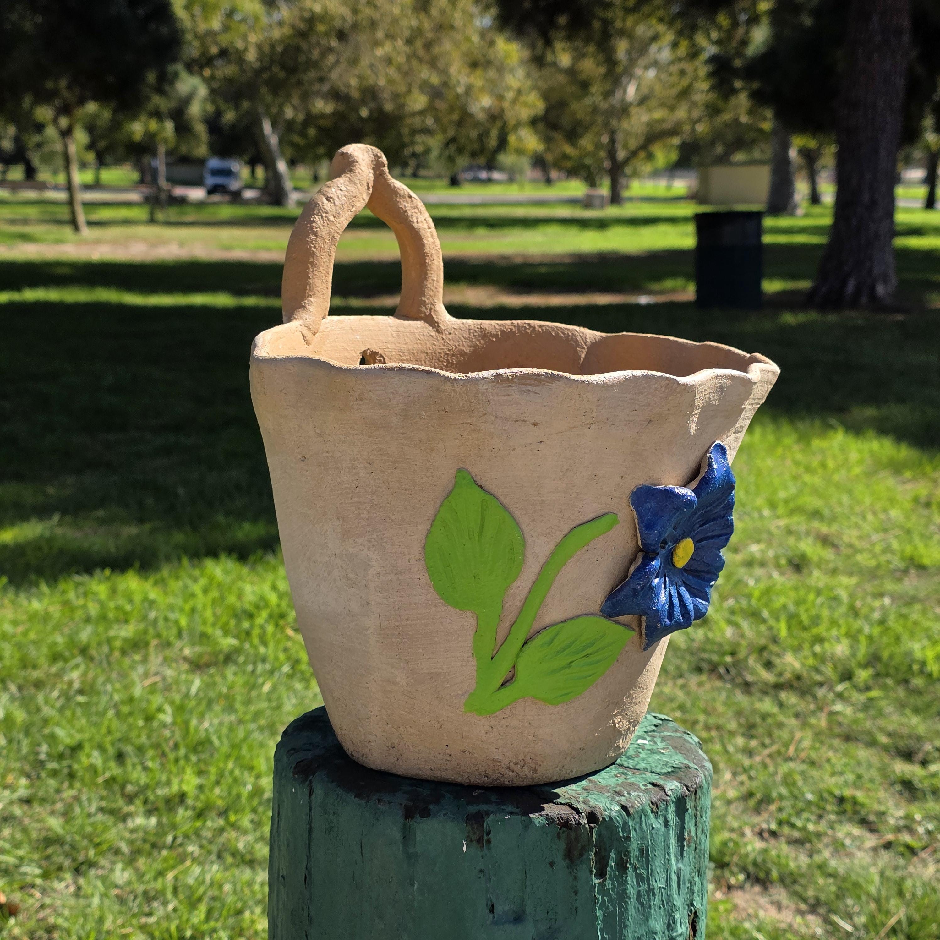 Vintage Atzompa Oaxaca Terracotta Wall Pocket Planter with Blue Flower