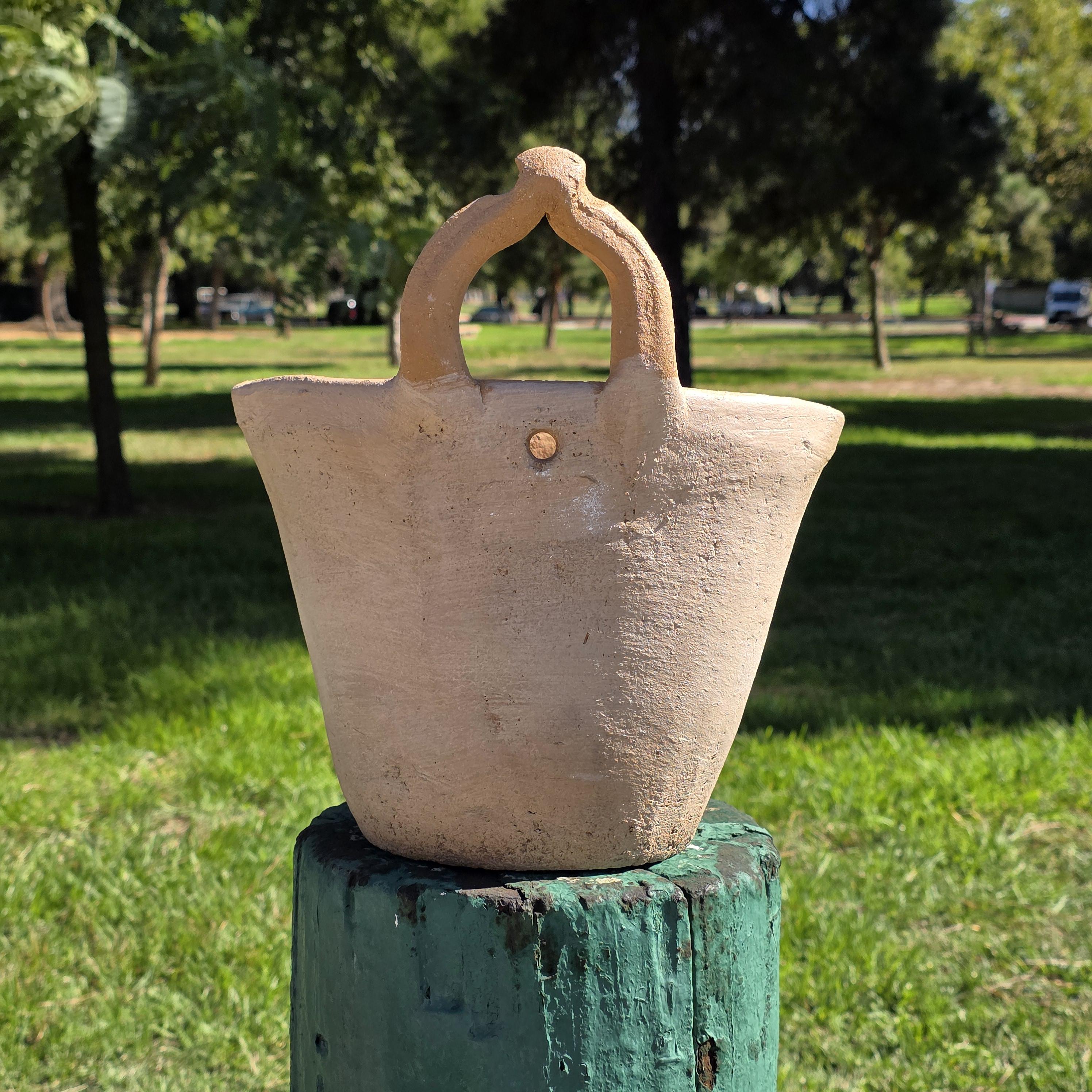 Vintage Atzompa Oaxaca Terracotta Wall Pocket Planter with Blue Flower