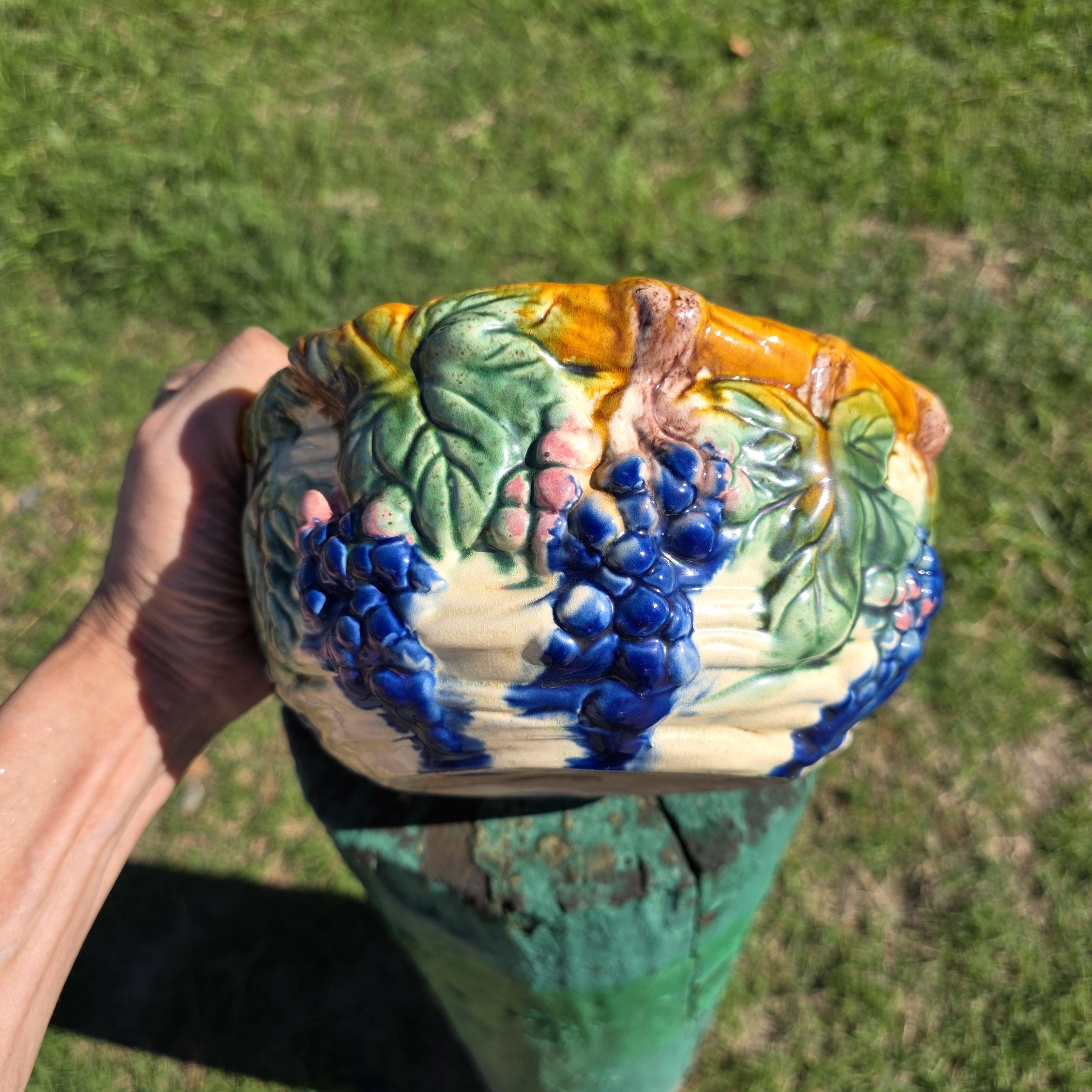 Vintage Majolica-Style Ceramic Planter with Grapevine Relief 8"Dia x 4"H