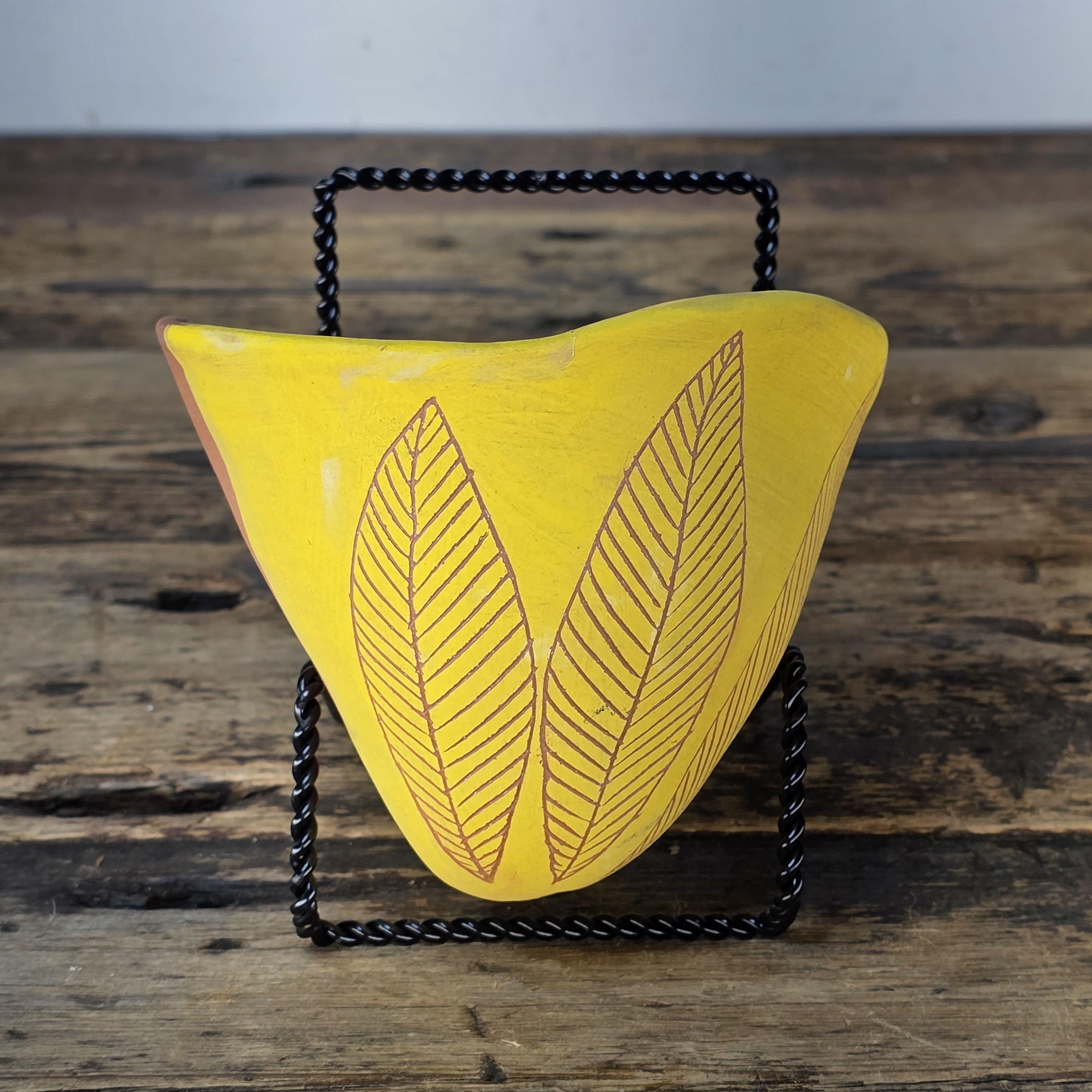 Handmade Terracotta Wall Pocket / Wall Planter (Yellow, Leaf Motif)