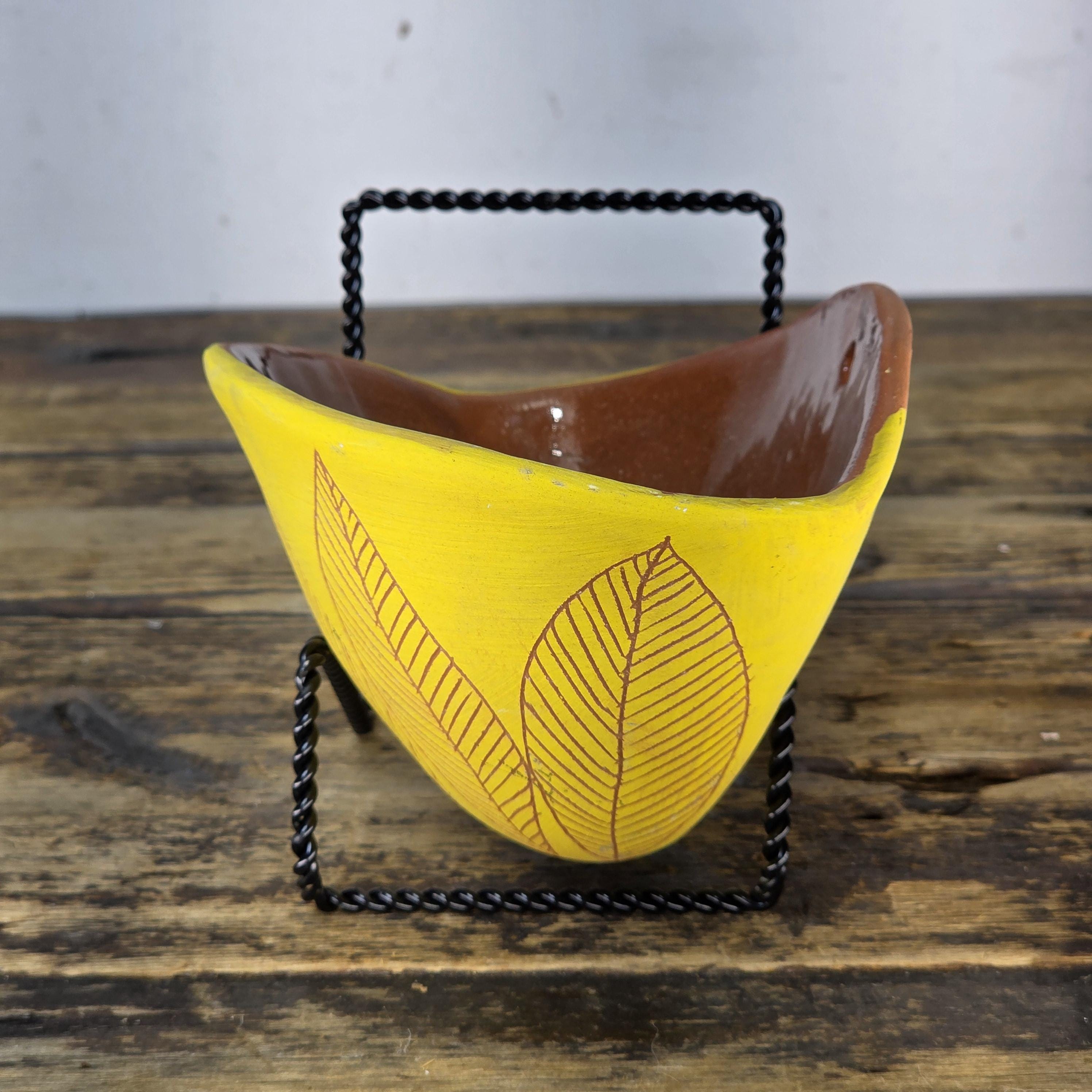 Handmade Terracotta Wall Pocket / Wall Planter (Yellow, Leaf Motif)