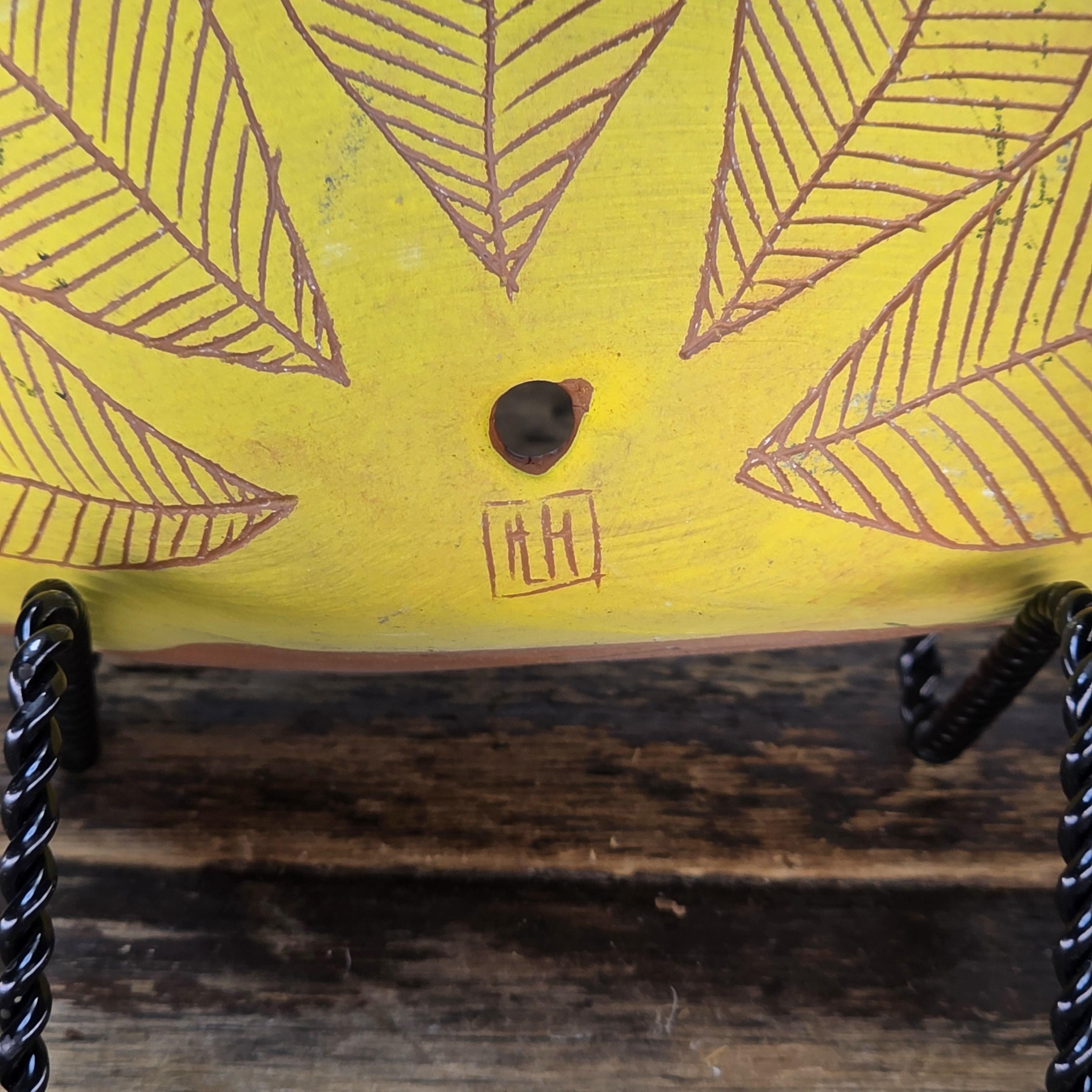 Handmade Terracotta Wall Pocket / Wall Planter (Yellow, Leaf Motif)