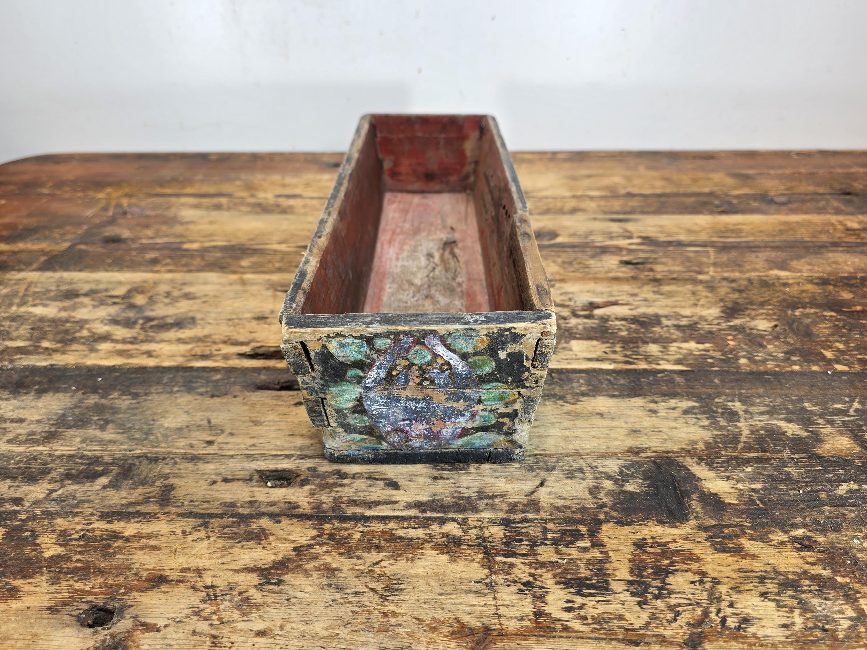 Antique Folk Art Hand-Painted Wooden Box (Floral Motif / Early 1900s) 18"L × 5"W