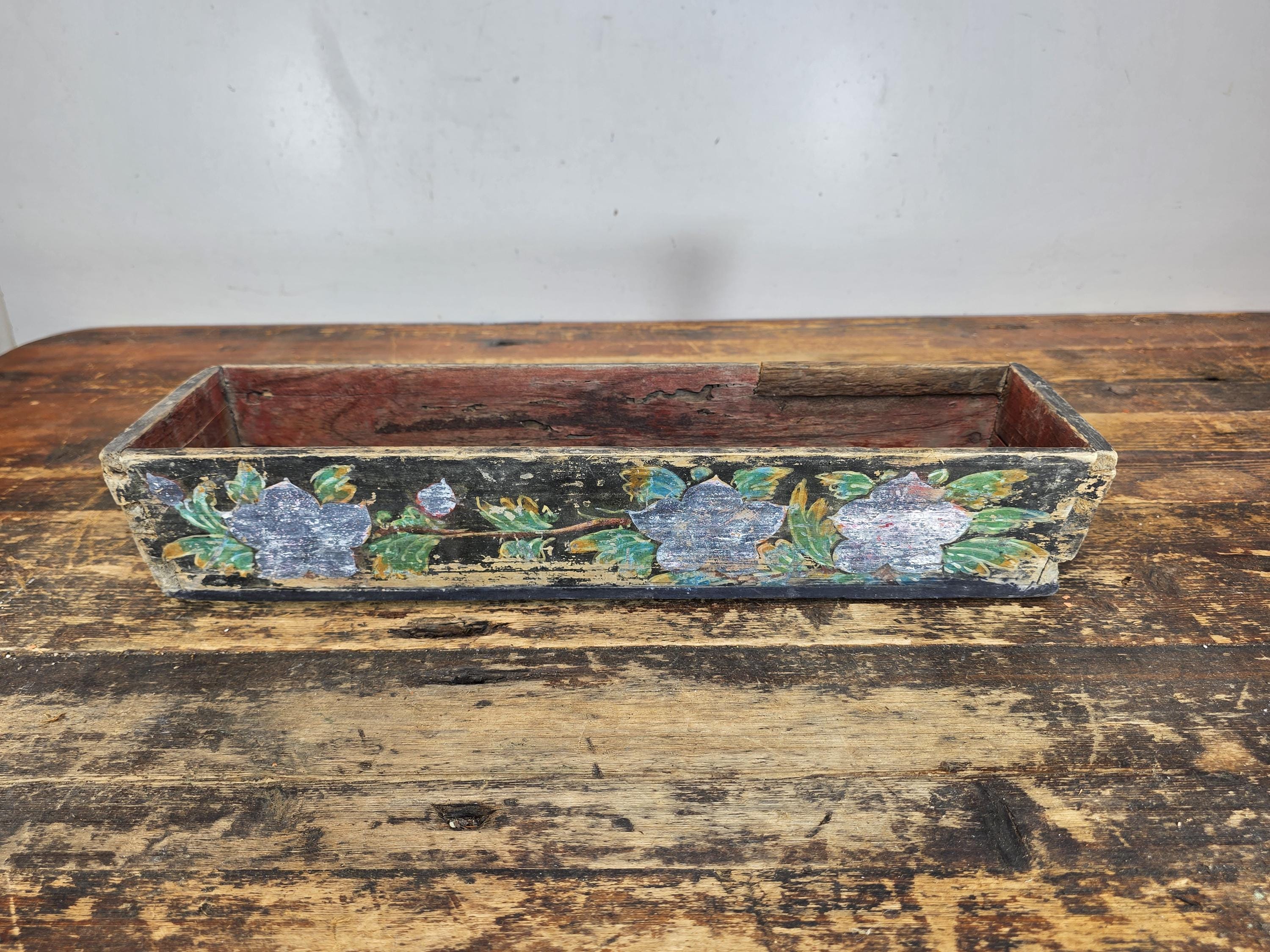 Antique Folk Art Hand-Painted Wooden Box (Floral Motif / Early 1900s) 18"L × 5"W