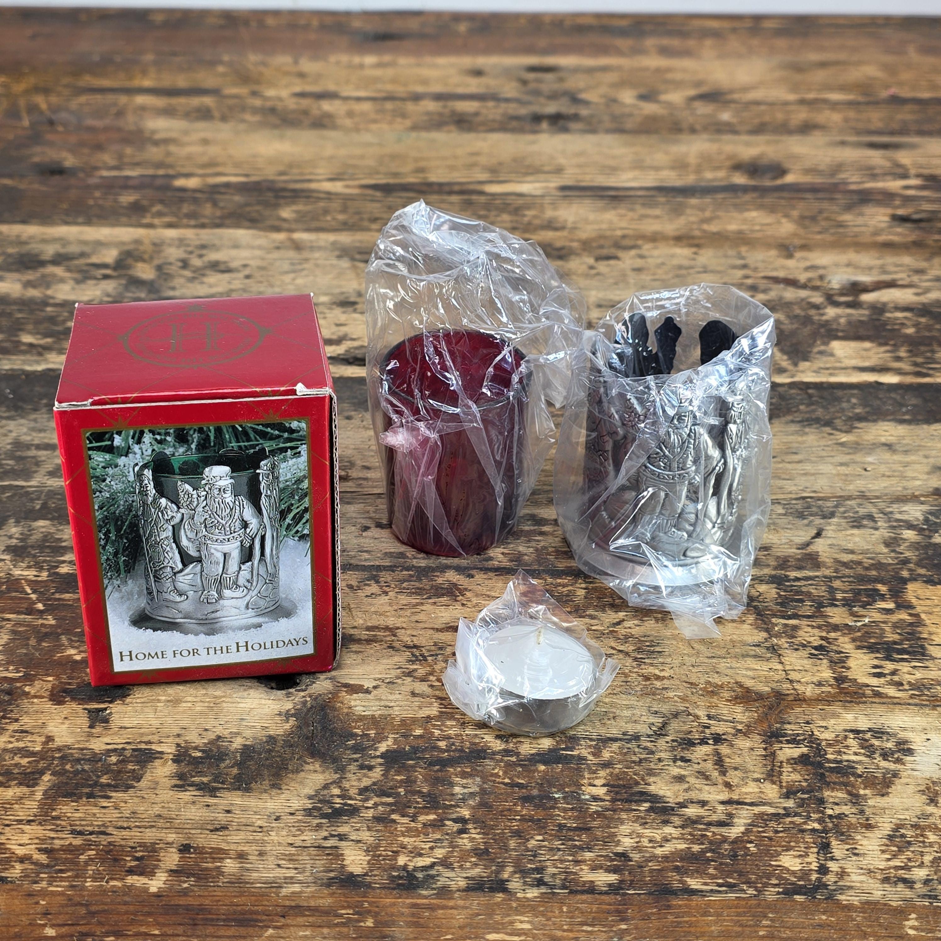 Home for the Holidays Santa Votive Candle Holder Red Glass Insert w/ Box Taiwan