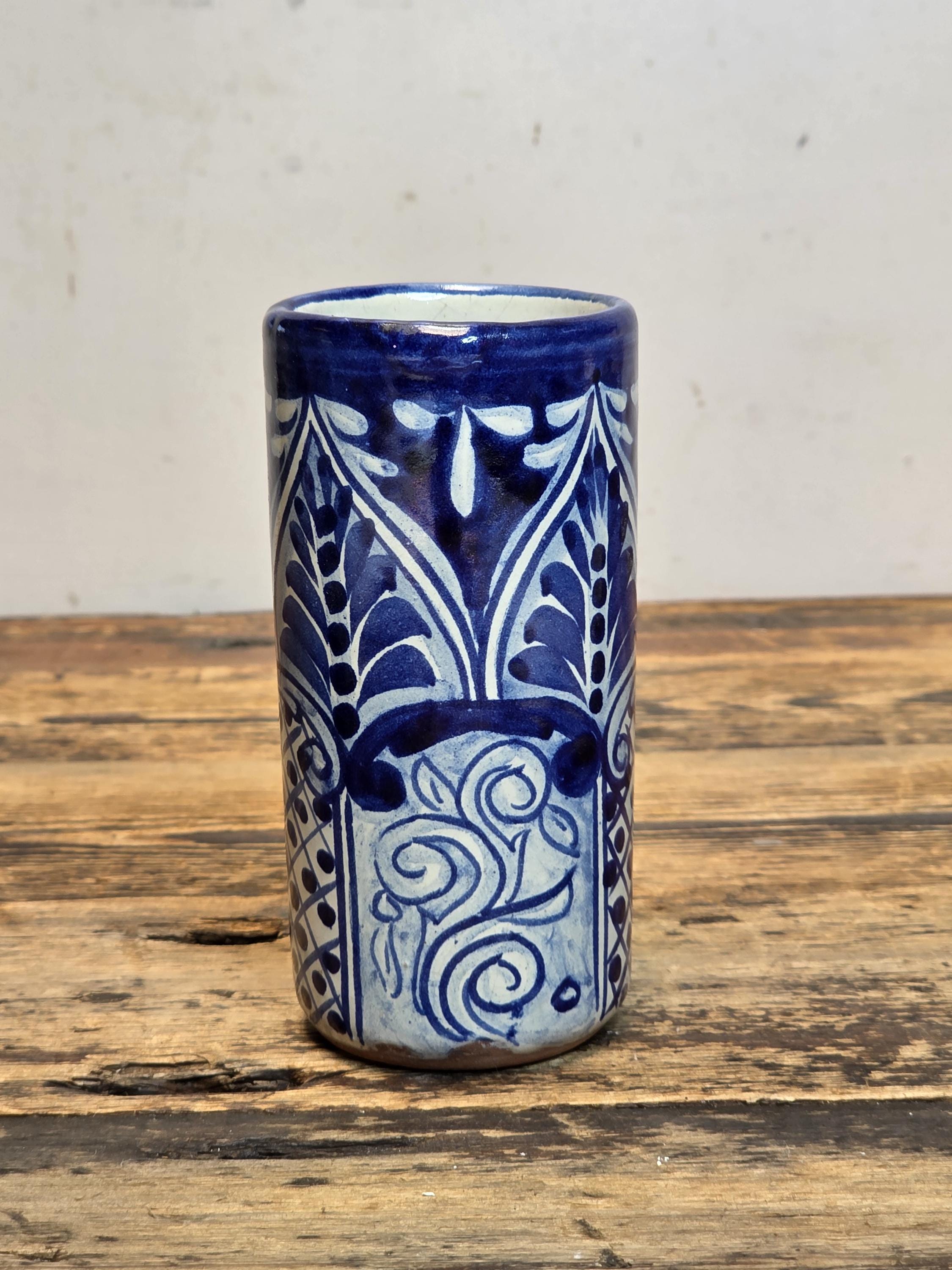 Vintage Mexican Talavera Tumbler - Blue & White Hand-Painted Pottery