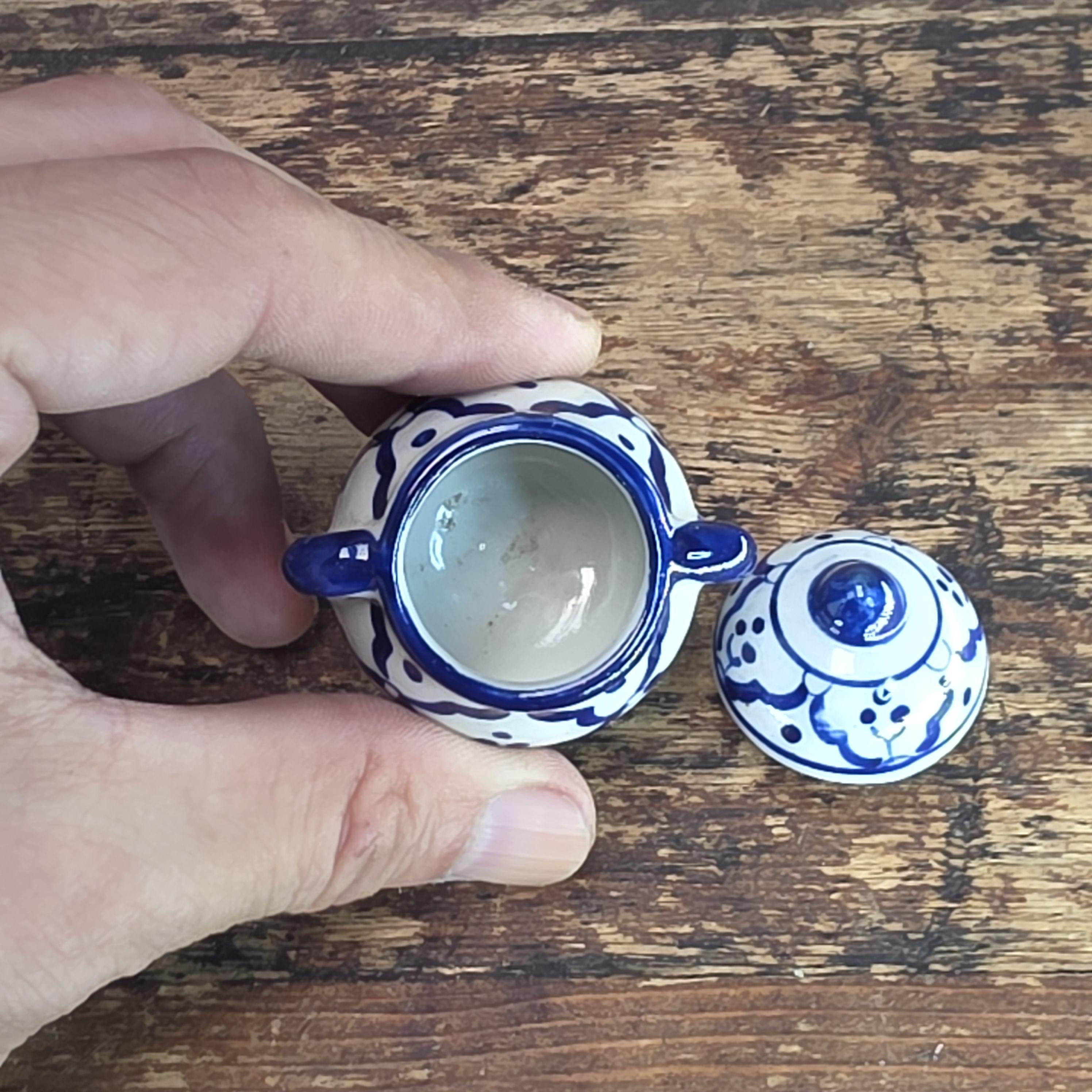 Miniature Blue & White Ceramic Thai-Style Ginger Jar and Toothpick Holder Set