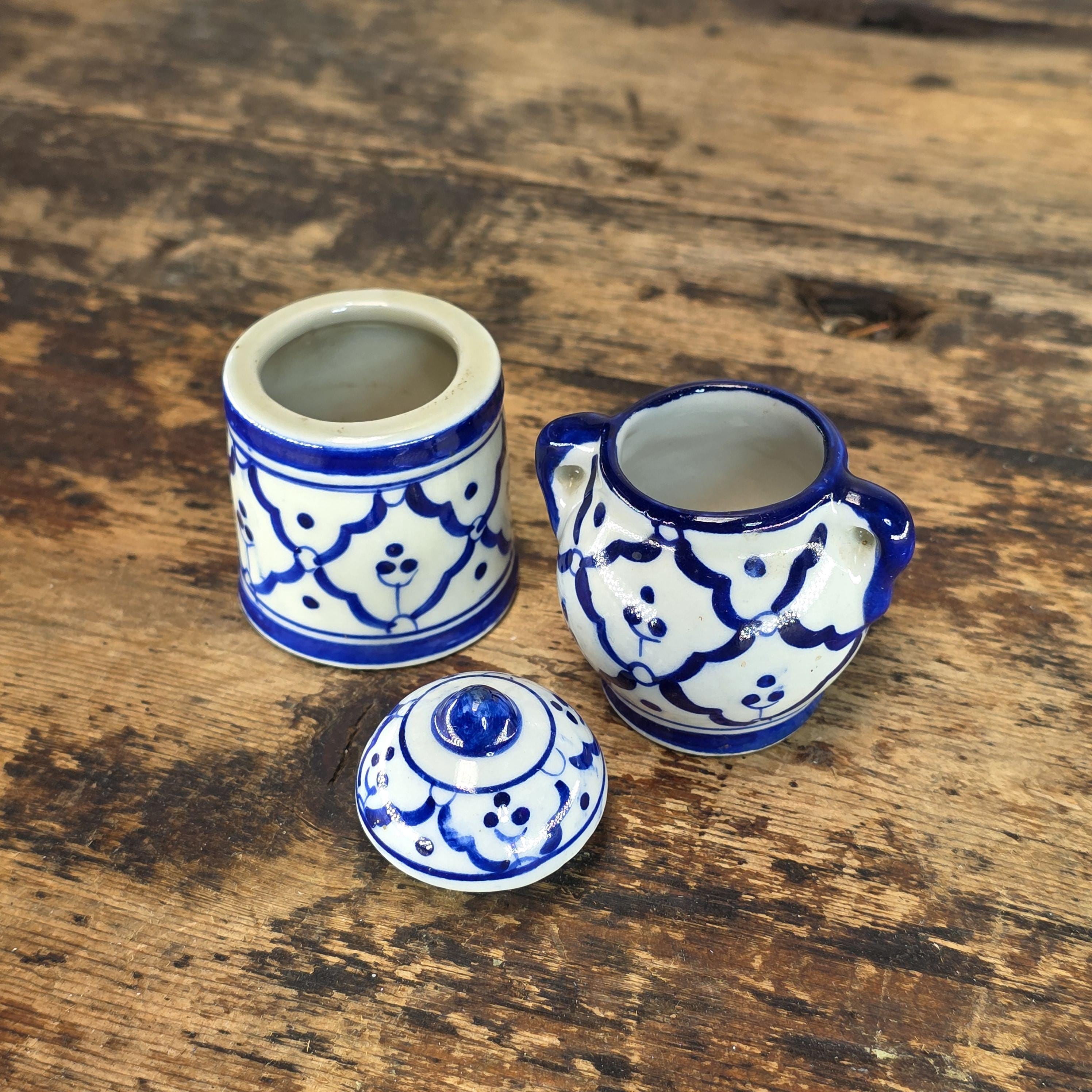 Miniature Blue & White Ceramic Thai-Style Ginger Jar and Toothpick Holder Set
