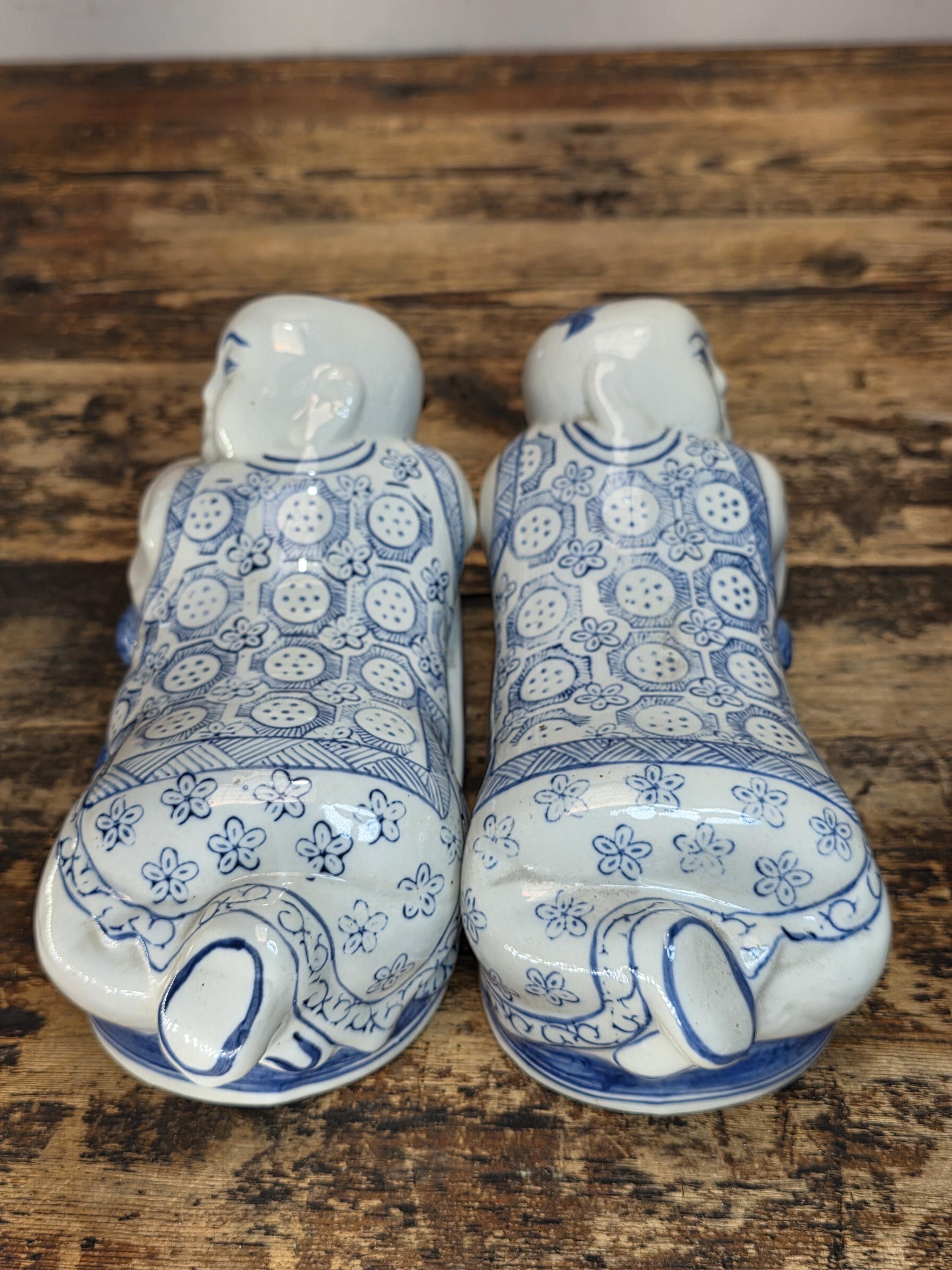 Vintage Pair of Chinese Blue & White Porcelain Pillows - "Lounging Boys"
