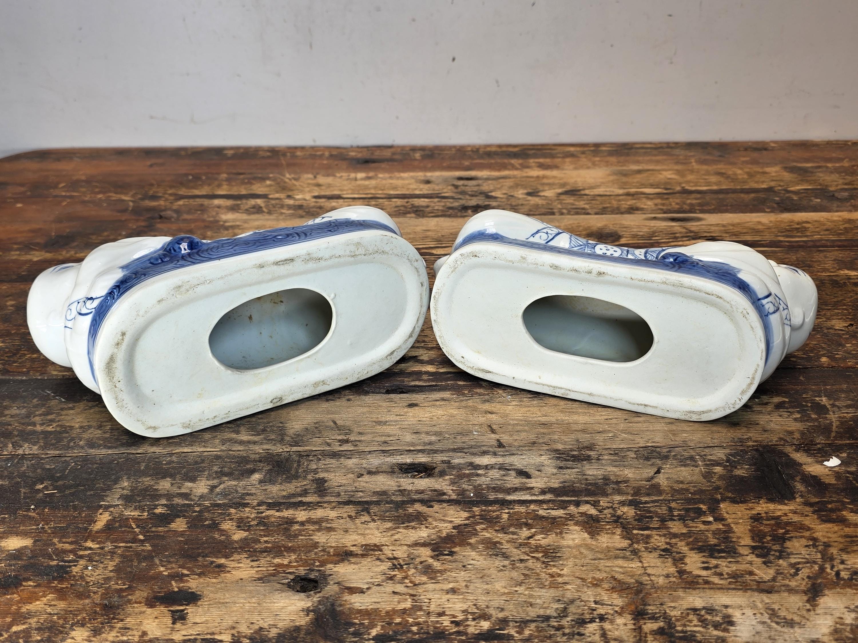 Vintage Pair of Chinese Blue & White Porcelain Pillows - "Lounging Boys"