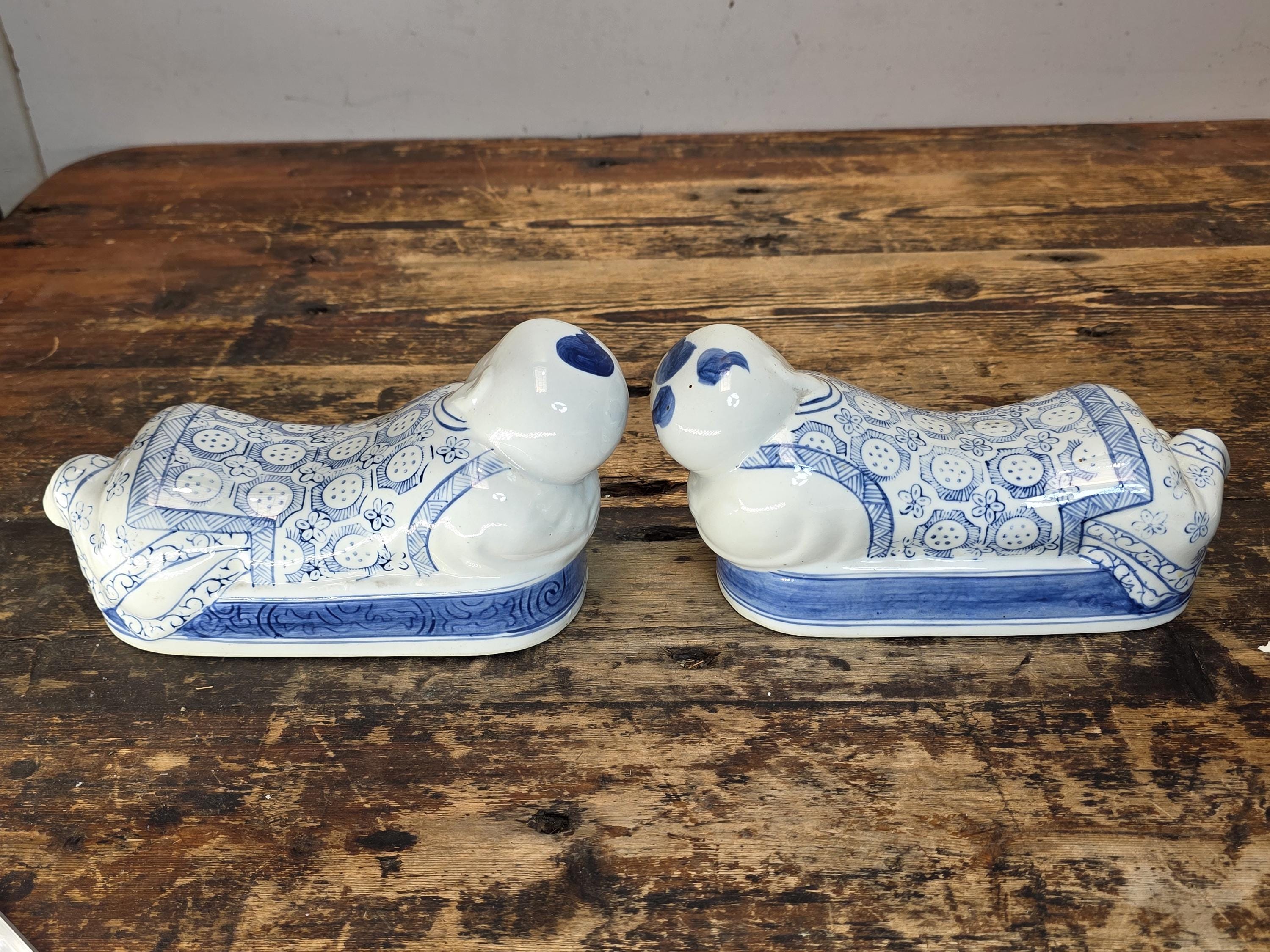 Vintage Pair of Chinese Blue & White Porcelain Pillows - "Lounging Boys"