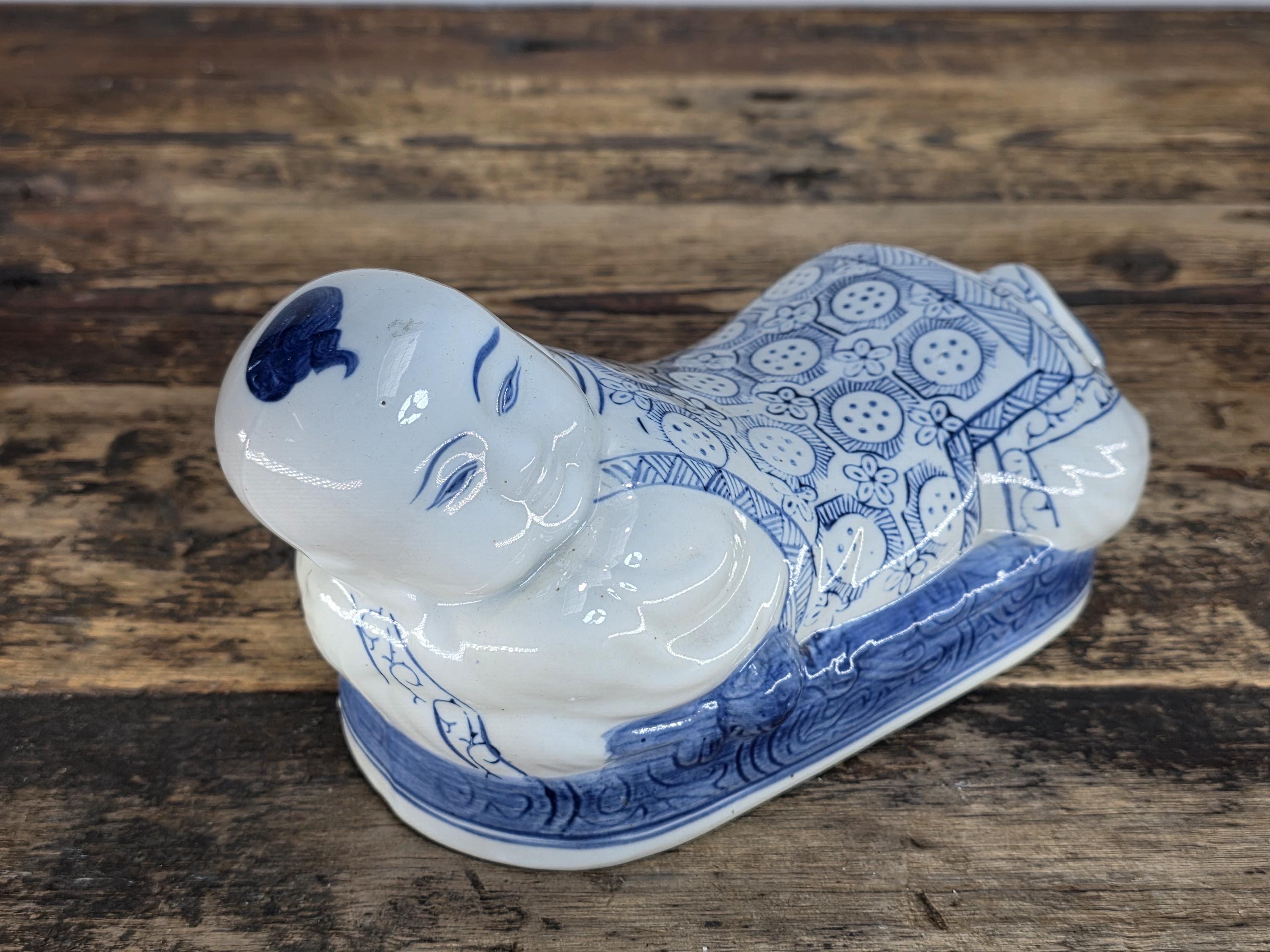 Vintage Pair of Chinese Blue & White Porcelain Pillows - "Lounging Boys"