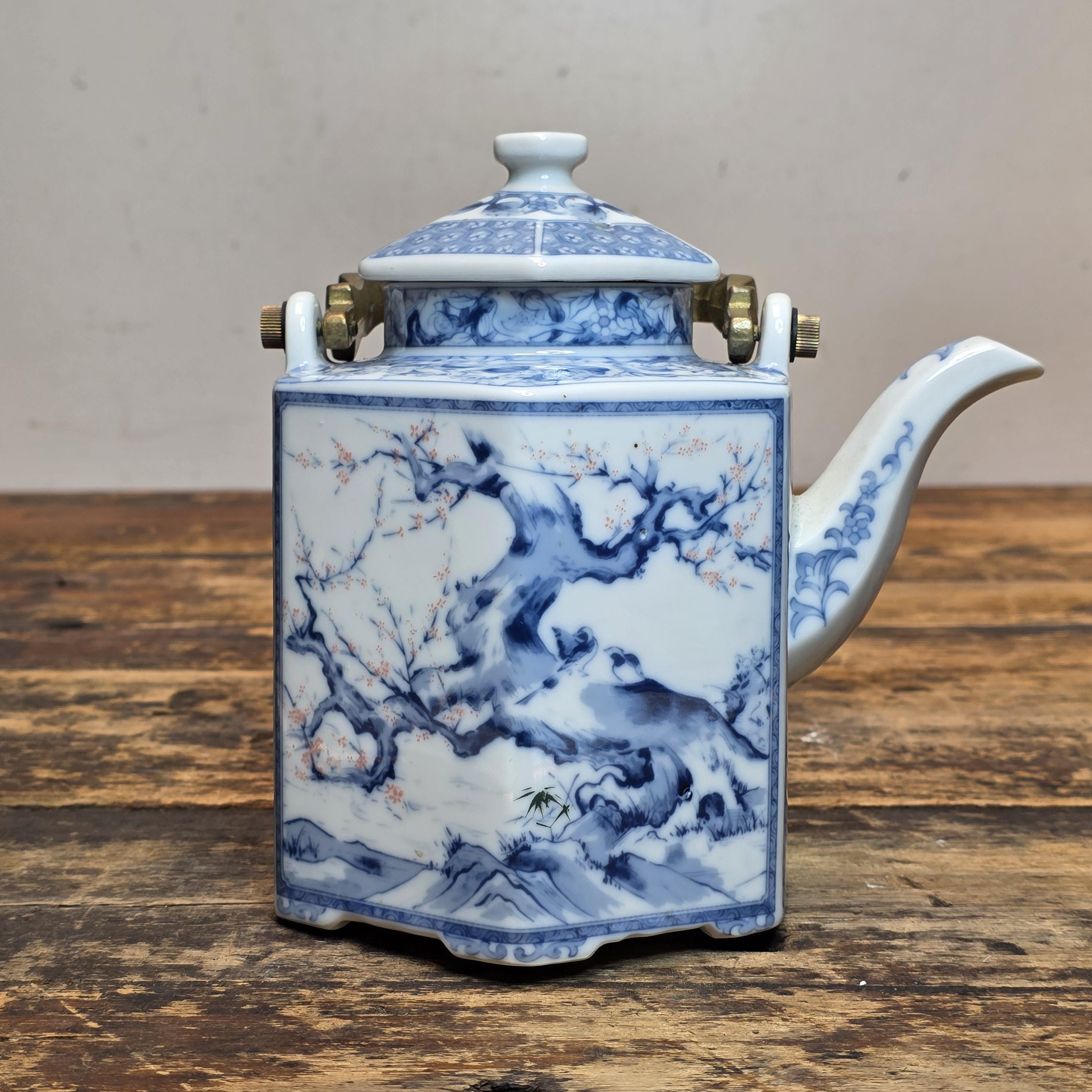 Vintage Dolphin China Hexagonal Teapot - Japanese Porcelain, Arita Style