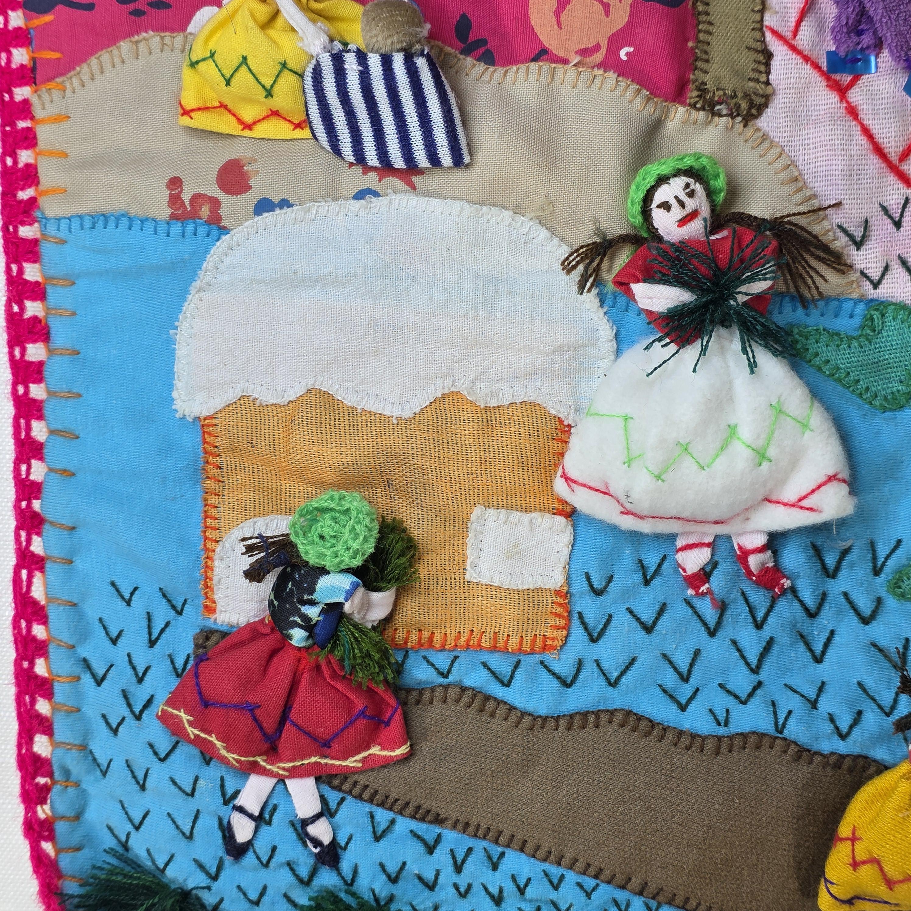 Vintage Peruvian Arpillera Wall Embroidery Textile Art “Cosecha de …” 19"x17"