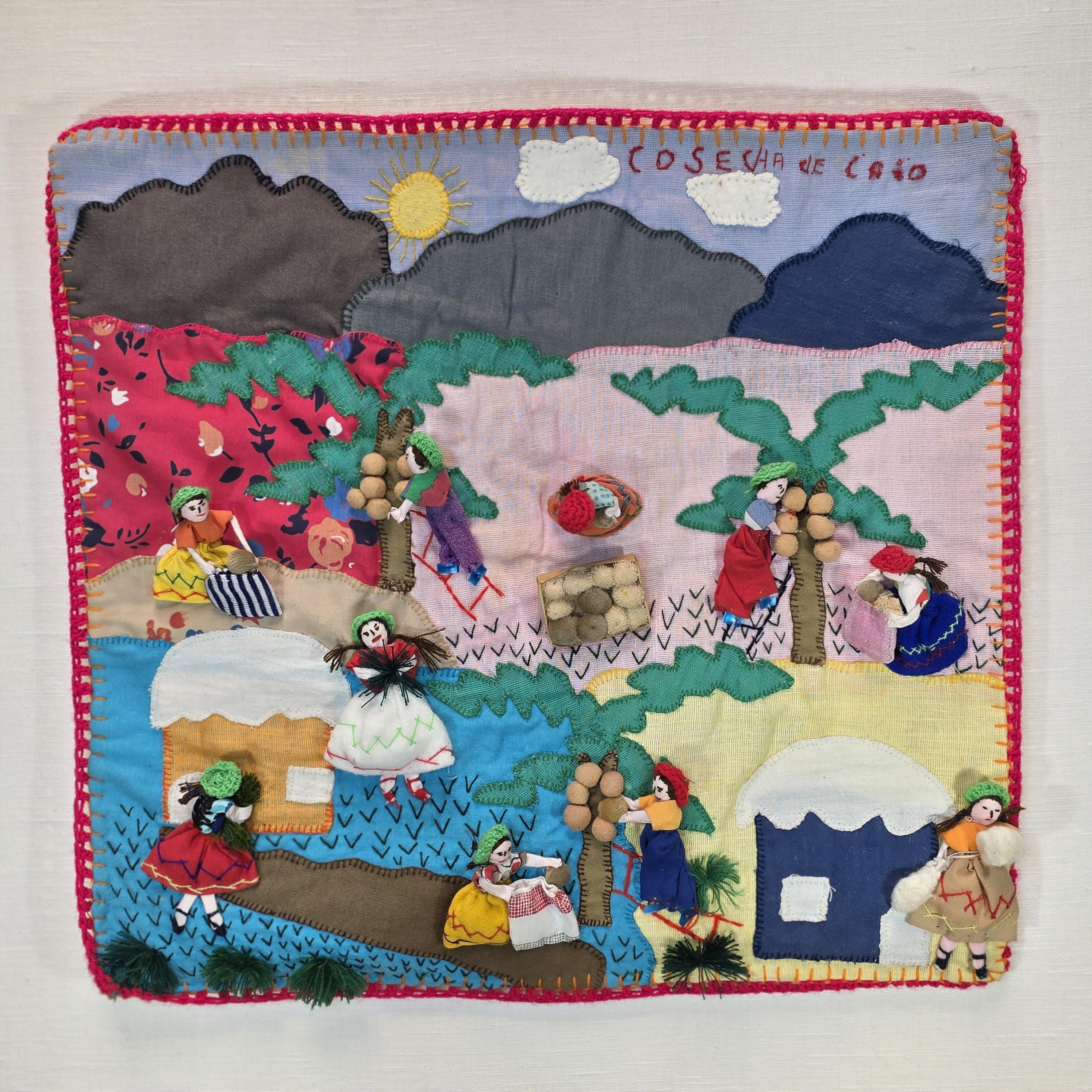 Vintage Peruvian Arpillera Wall Embroidery Textile Art “Cosecha de …” 19"x17"
