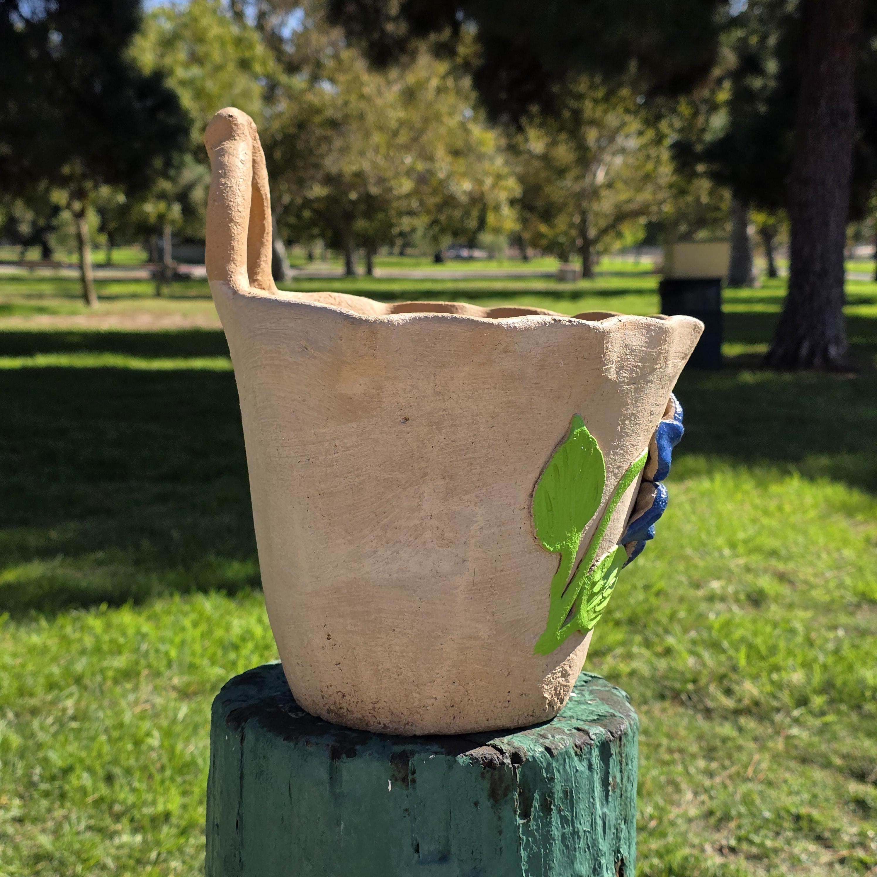 Vintage Atzompa Oaxaca Terracotta Wall Pocket Planter with Blue Flower