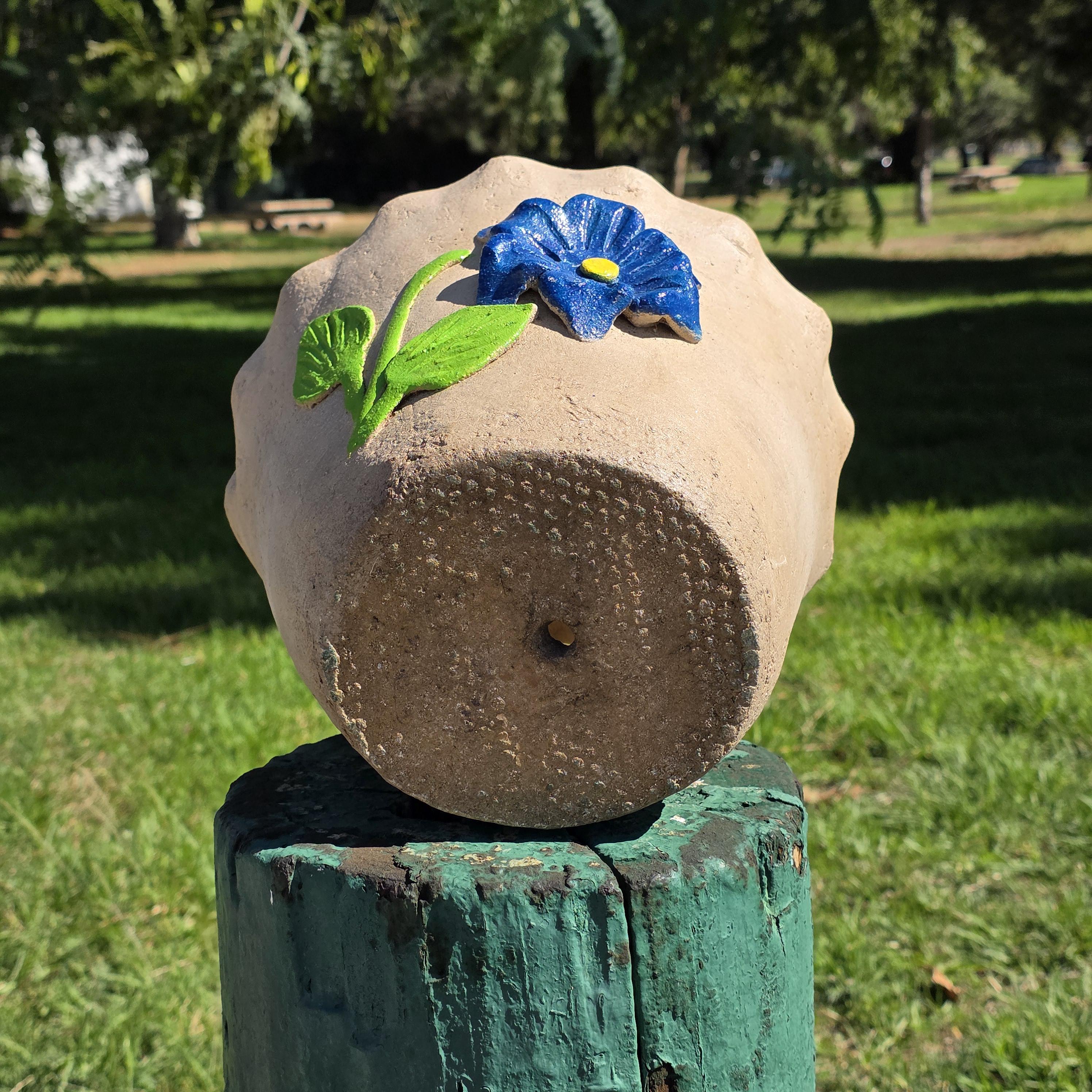 Vintage Atzompa Oaxaca Terracotta Wall Pocket Planter with Blue Flower