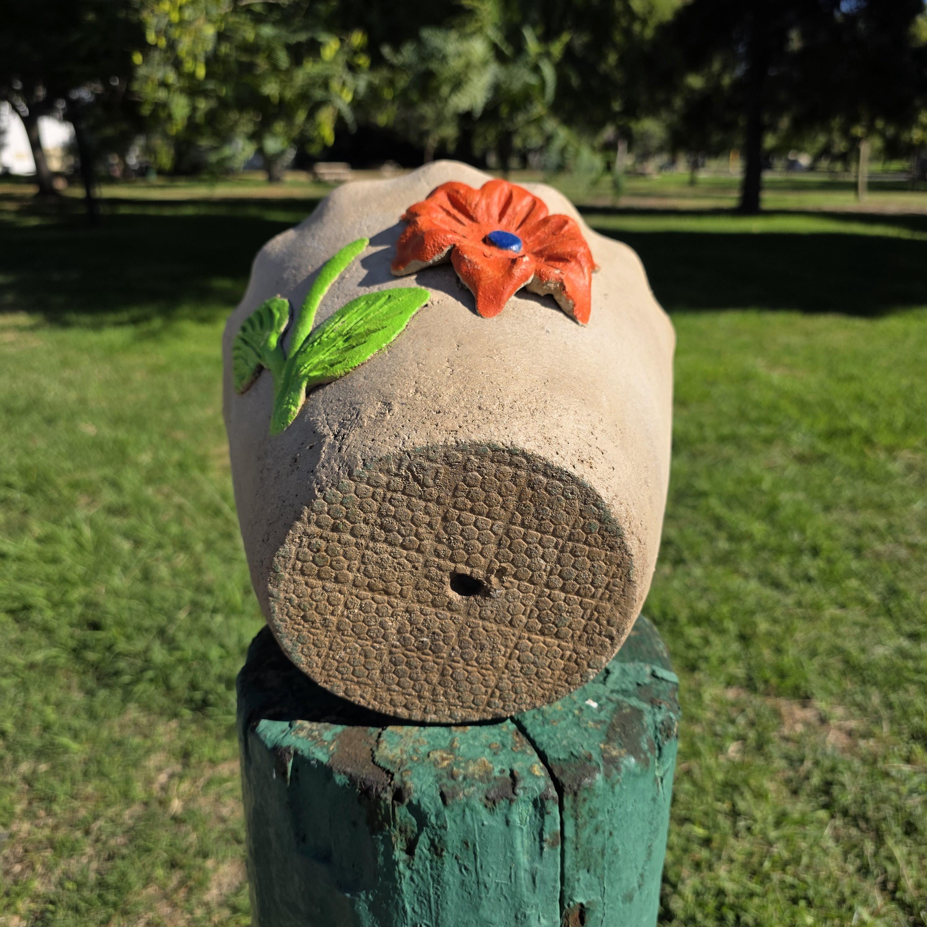 Vintage Atzompa Oaxaca Terracotta Wall Pocket Planter with Orange Flower