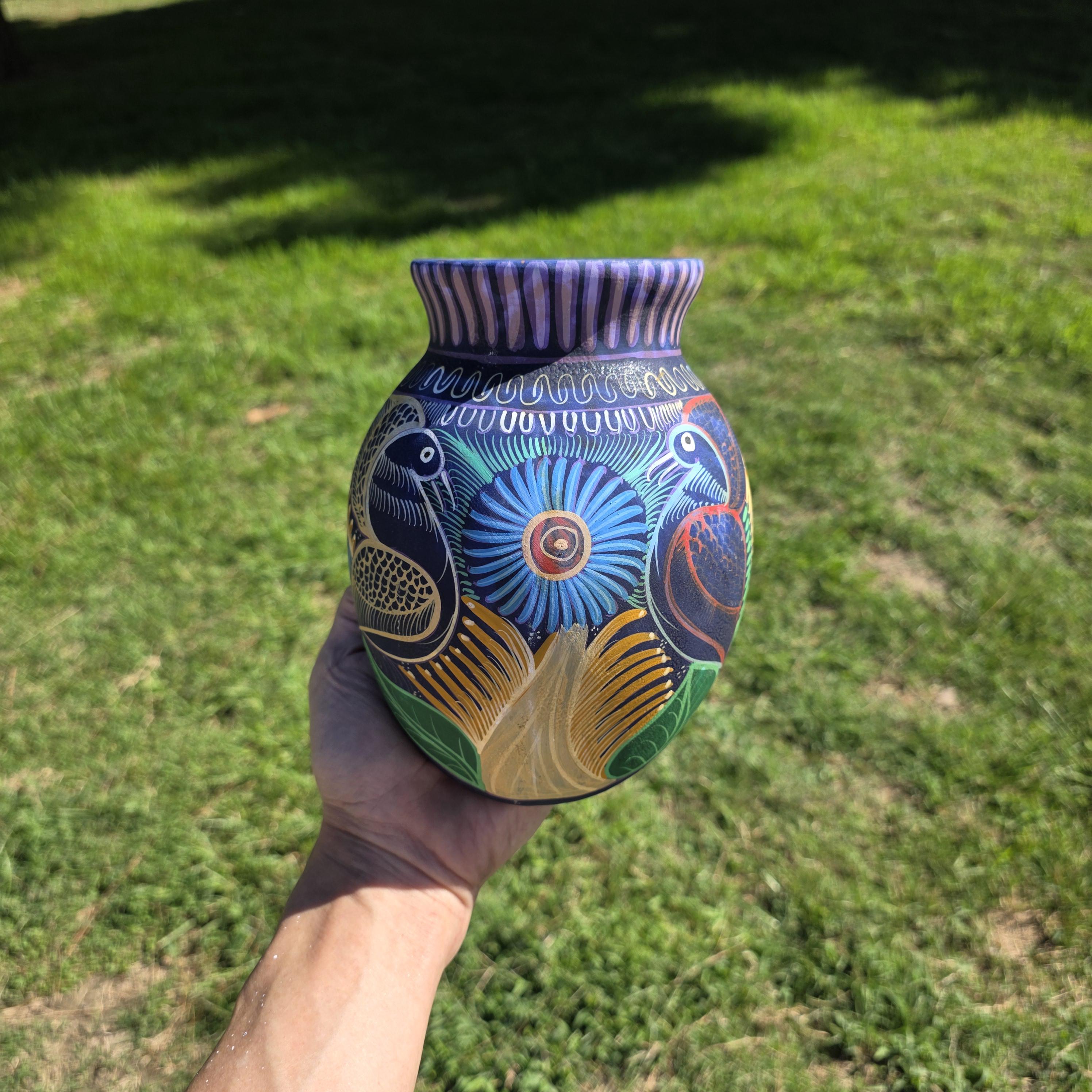 Hand-Painted Jalisco Mexico Pottery Wall Pocket Planter Folk Art Birds & Flowers