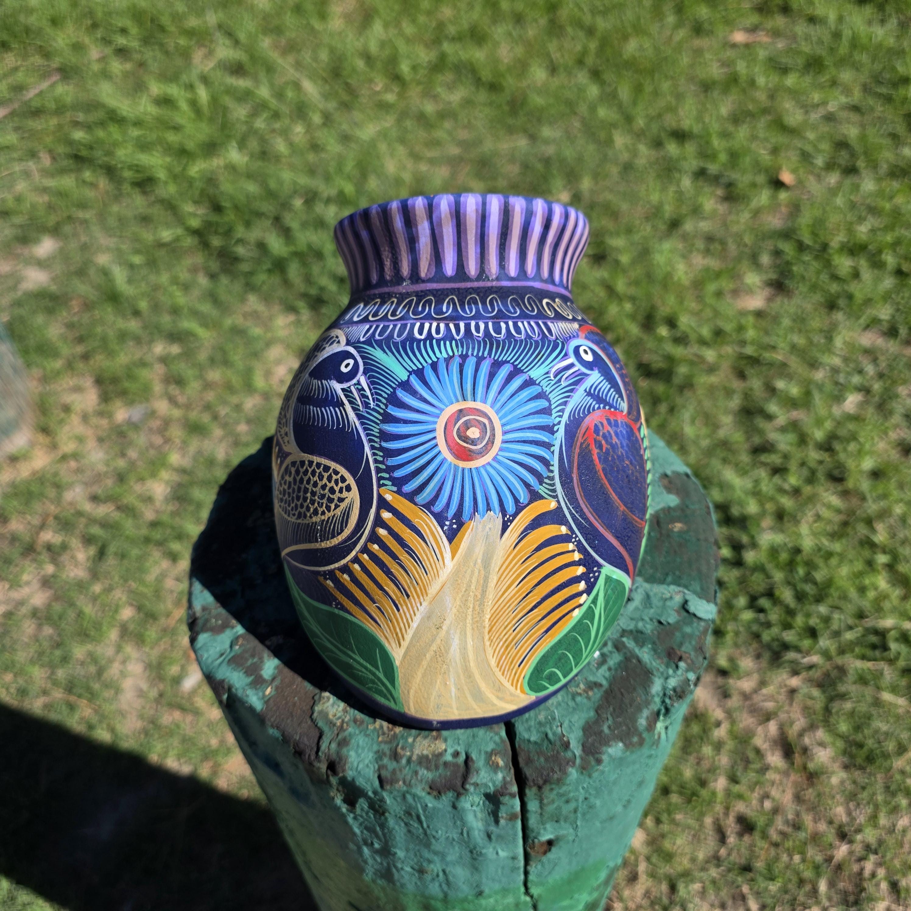 Hand-Painted Jalisco Mexico Pottery Wall Pocket Planter Folk Art Birds & Flowers